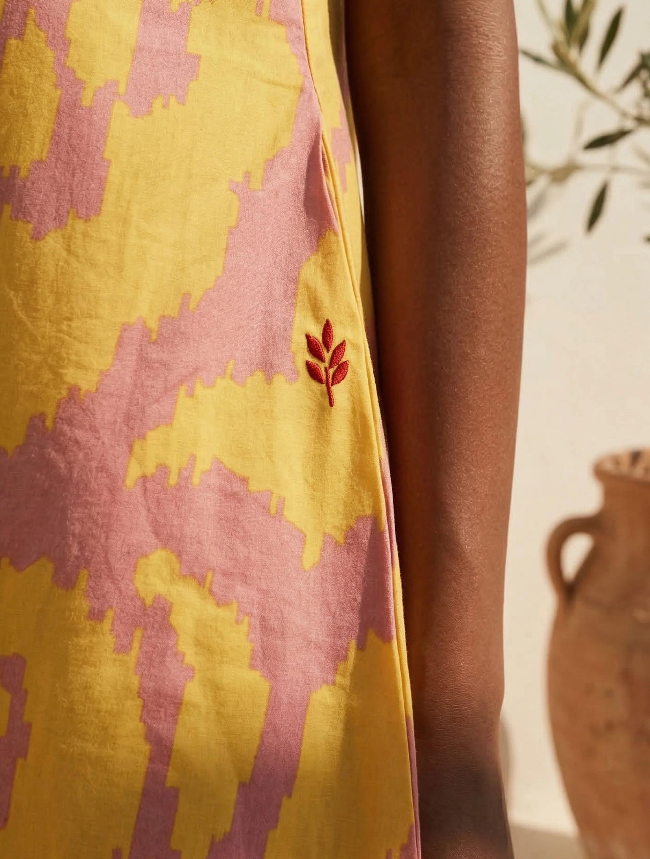 trueBrowns Yellow Peach Ikat Print Cotton Poplin Sleeveless Short Dress
