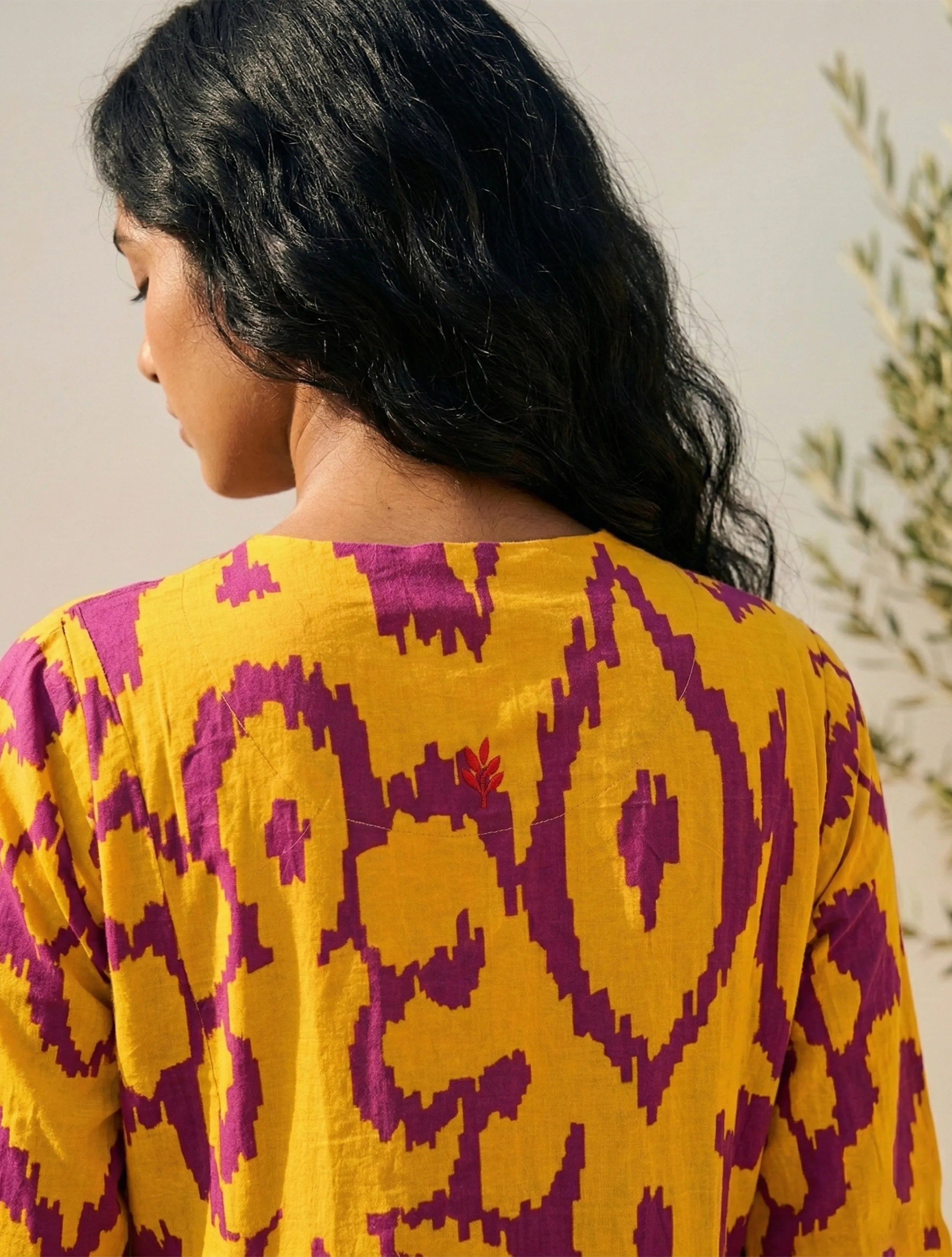 trueBrowns Yellow Purple  Ikat Print Cotton Flared Kurta Set