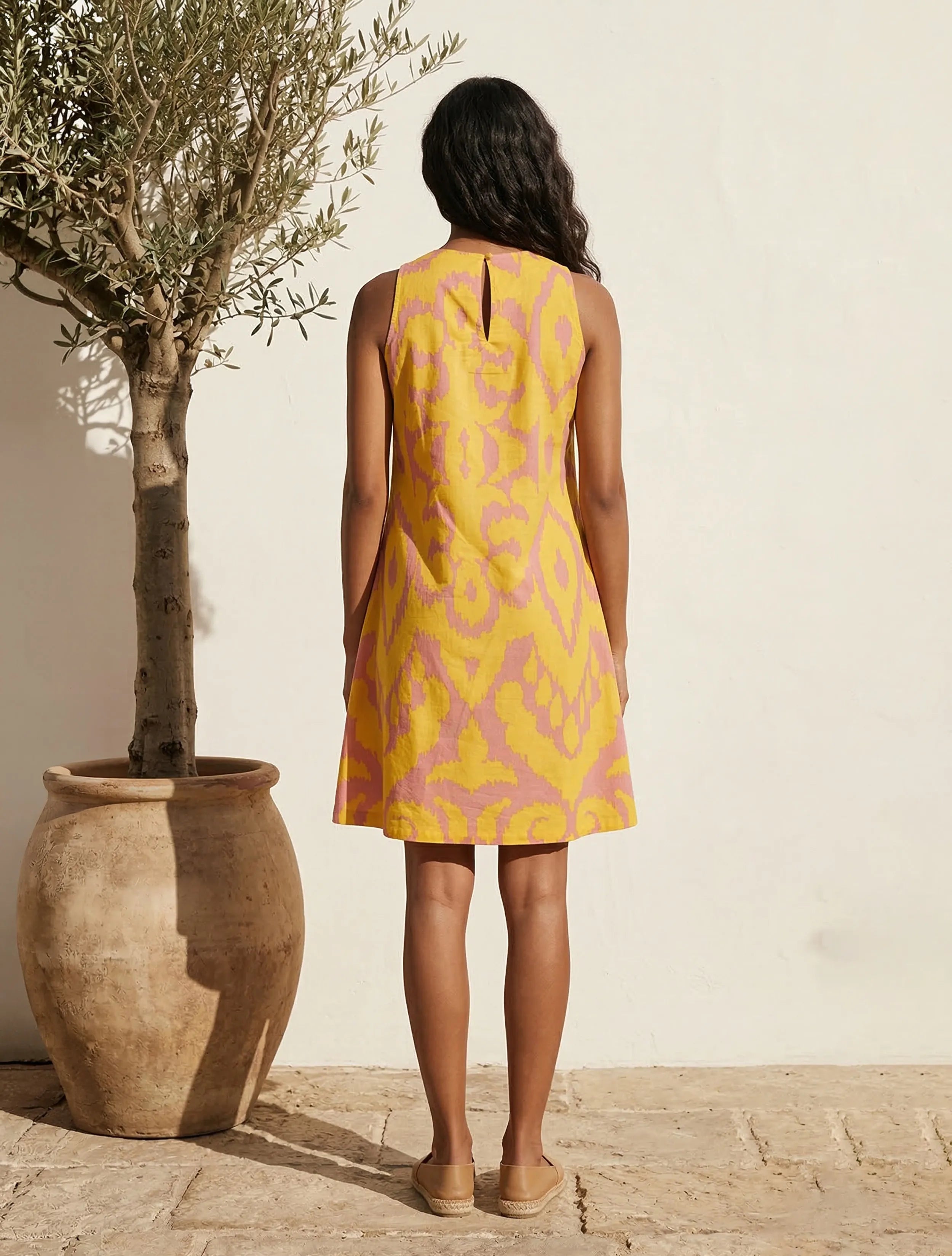 trueBrowns Yellow Peach Ikat Print Cotton Poplin Sleeveless Short Dress