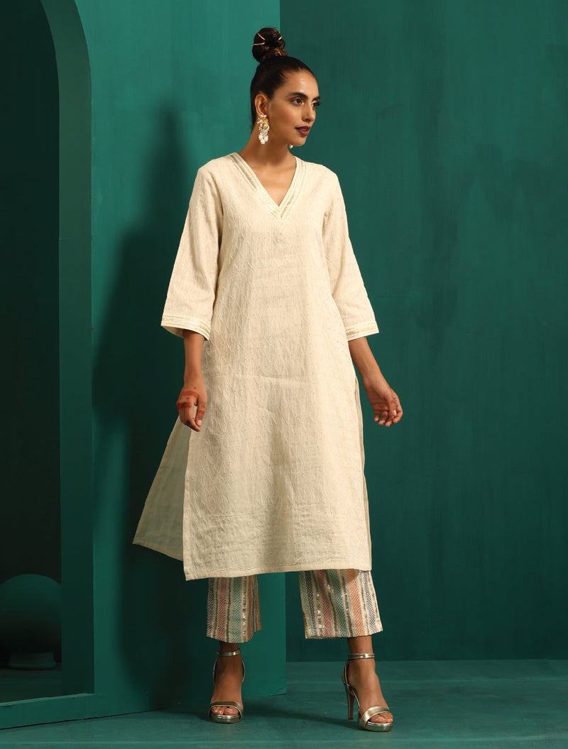 trueBrowns Ivory Embroidered Kurta with Embroidered Pants