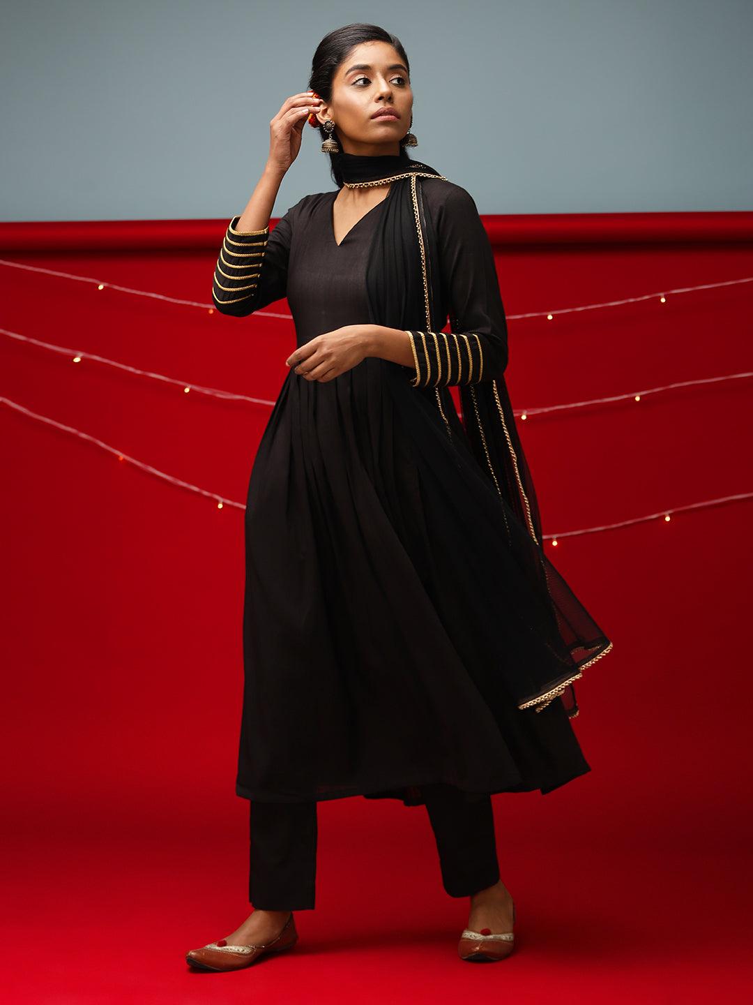 Black Embellished Sleeve Kurta-Pant-Dupatta - trueBrowns
