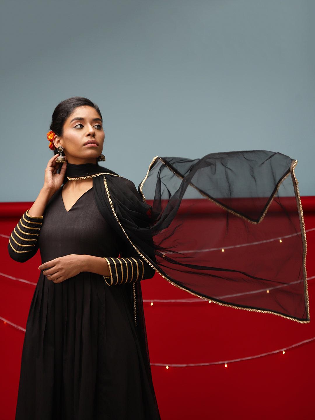 Black Embellished Sleeve Kurta-Pant-Dupatta - trueBrowns