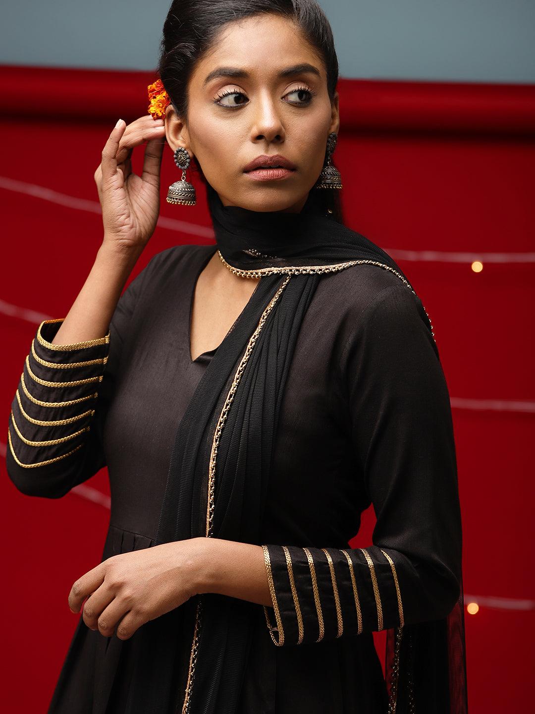 Black Embellished Sleeve Kurta-Pant-Dupatta - trueBrowns