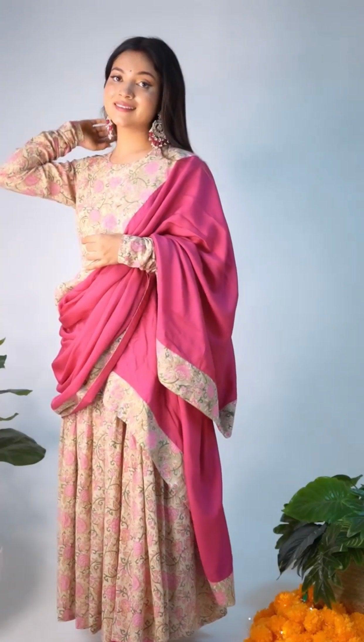 Green Hand Block Printed Flared Silk Kurta Pant Dupatta Set - trueBrowns