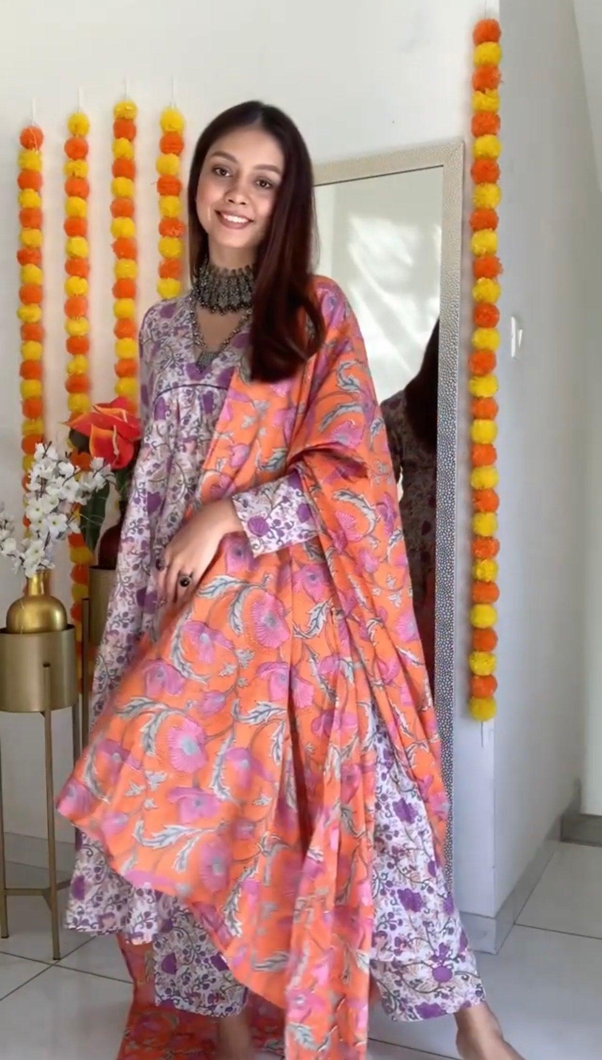 Purple Hand Block Printed Flared Silk Kurta Pant Dupatta Set - trueBrowns