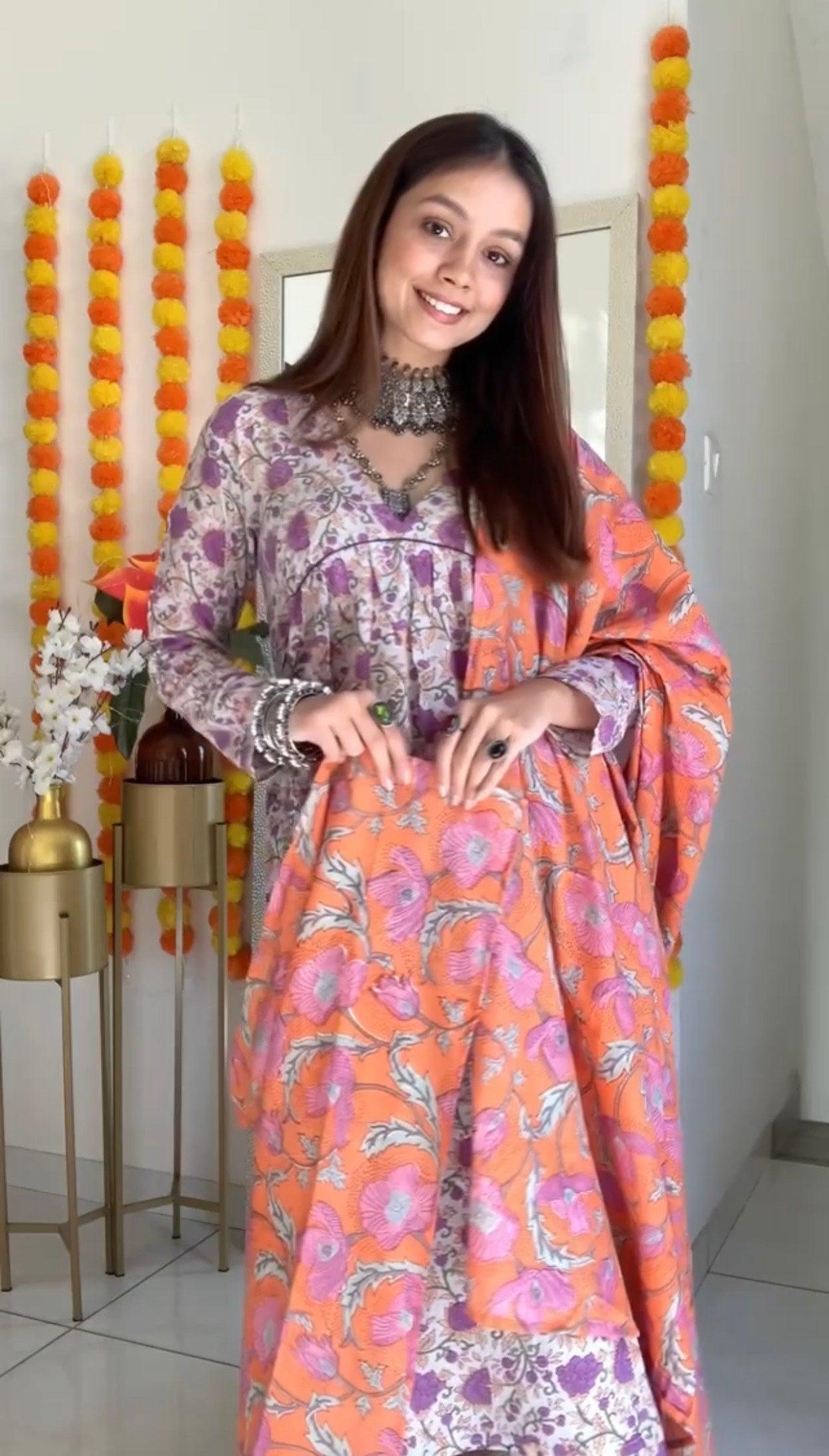 Purple Hand Block Printed Flared Silk Kurta Pant Dupatta Set - trueBrowns