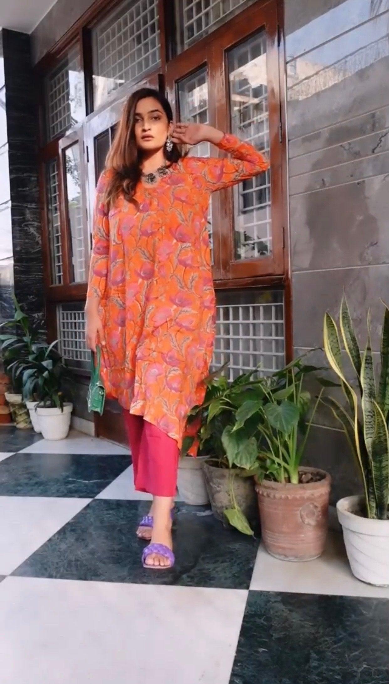 Orange Hand Block Printed Slit Silk Kurta Pant Set - trueBrowns