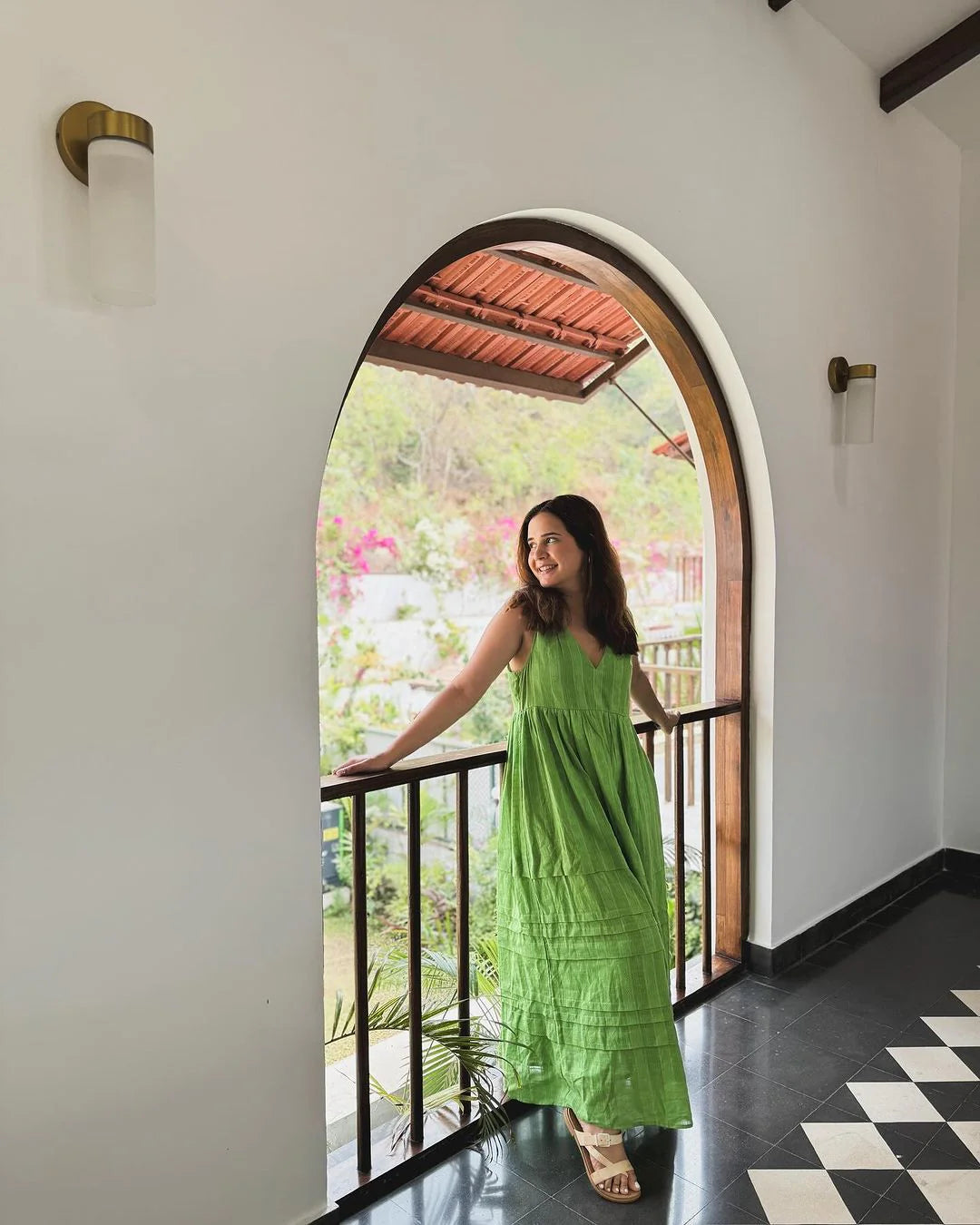 trueBrowns Green Cotton Dobby Yoke Dress