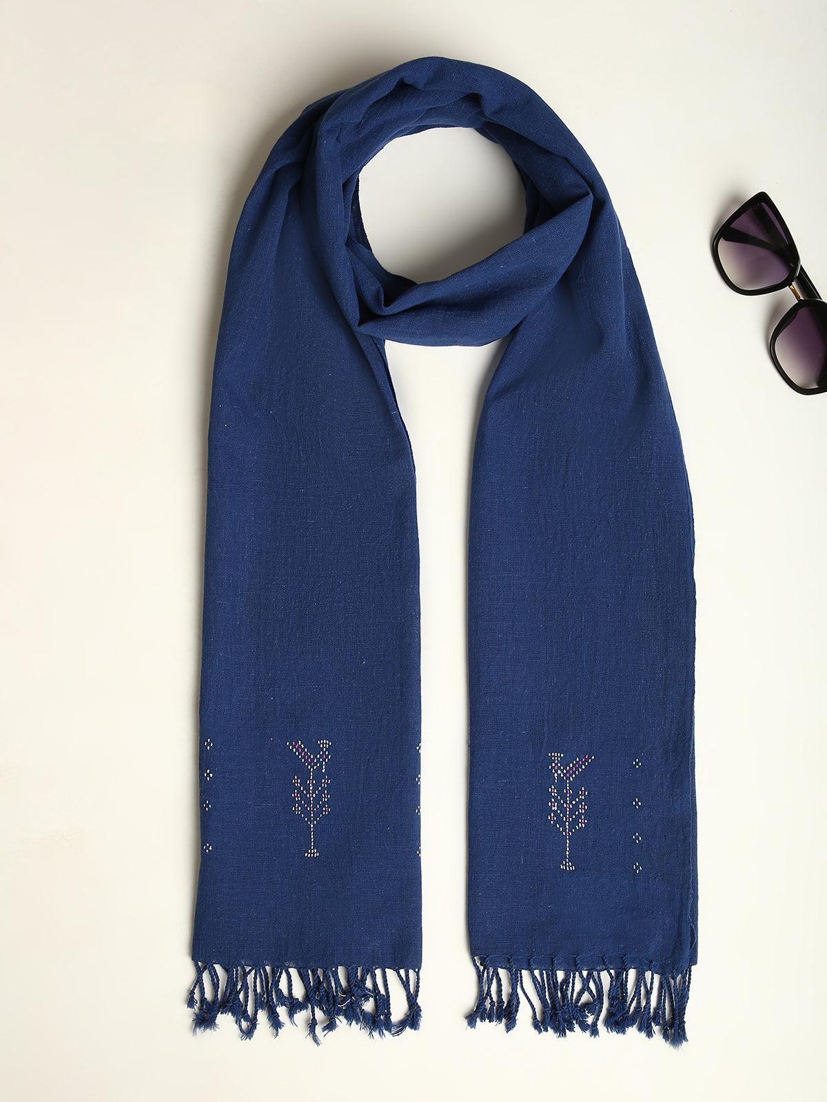 Navy Blue Handwoven Organic Kala Cotton Stole - trueBrowns
