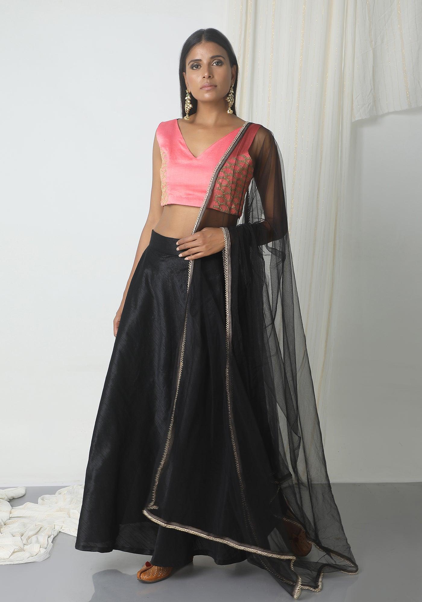 Black Pink Gold Zari Lehenga Set - trueBrowns