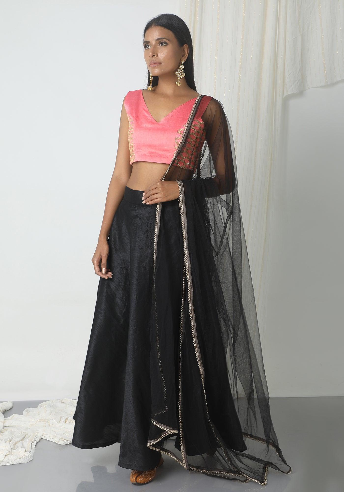 Black Pink Gold Zari Lehenga Set - trueBrowns