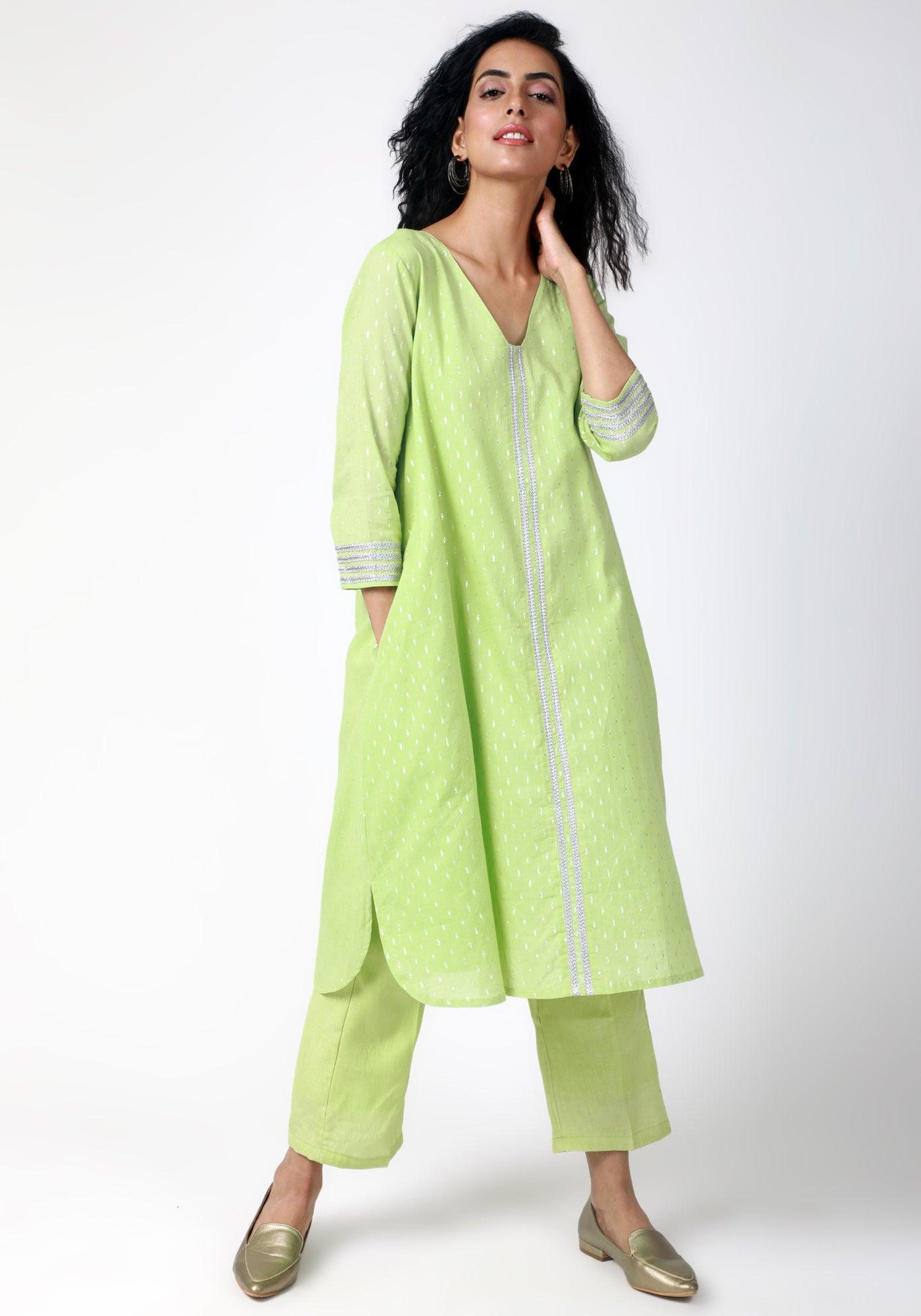 Green Silver Laced Kurta-Pant - trueBrowns