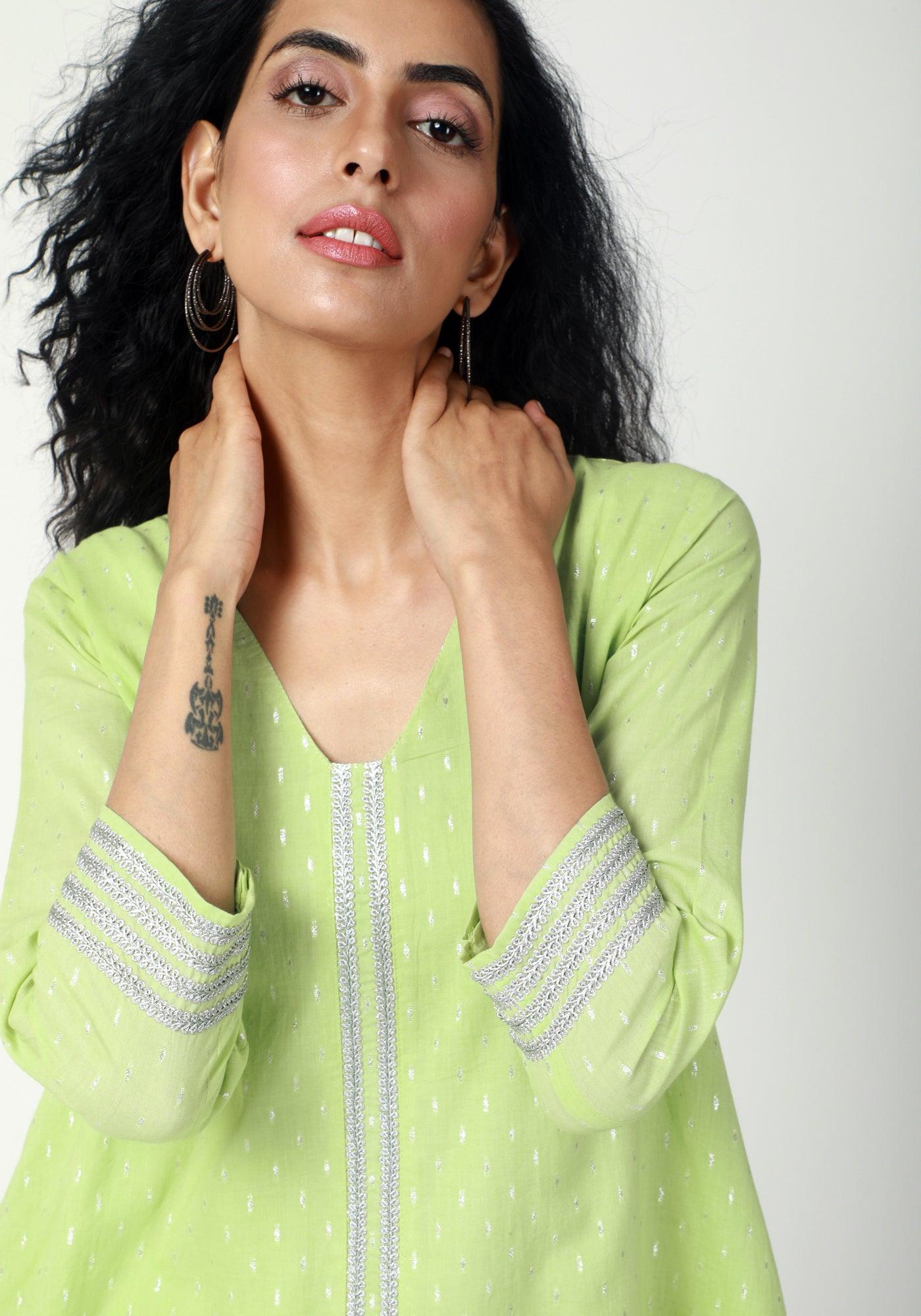 Green Silver Laced Kurta-Pant - trueBrowns