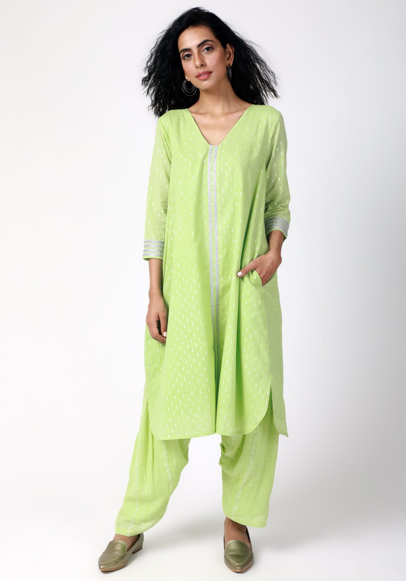 Green Silver Laced Kurta- Ruffled Pant - trueBrowns