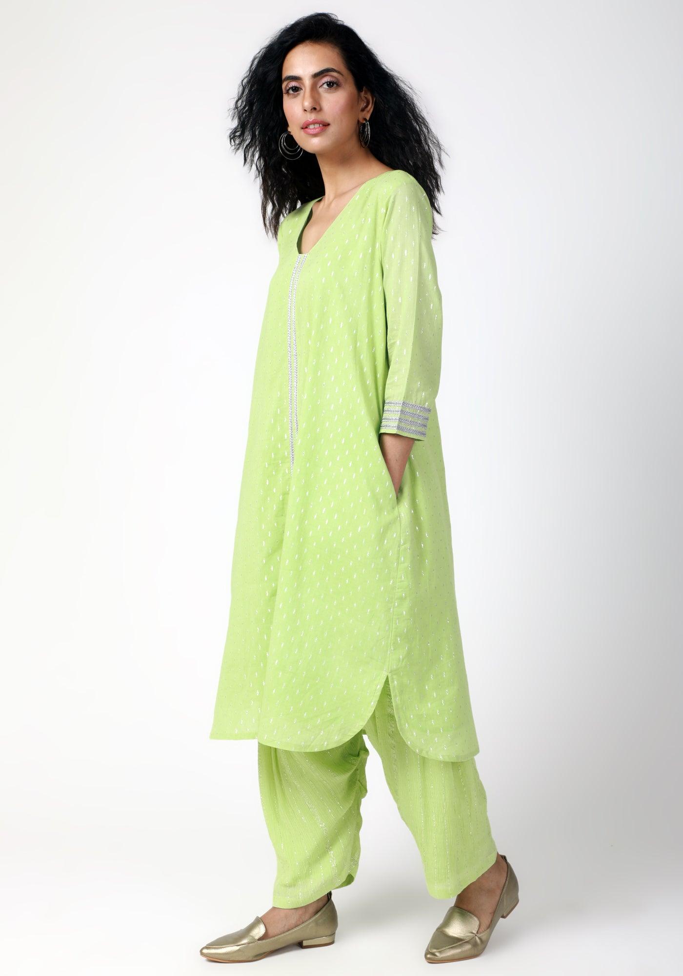 Green Silver Laced Kurta- Ruffled Pant - trueBrowns