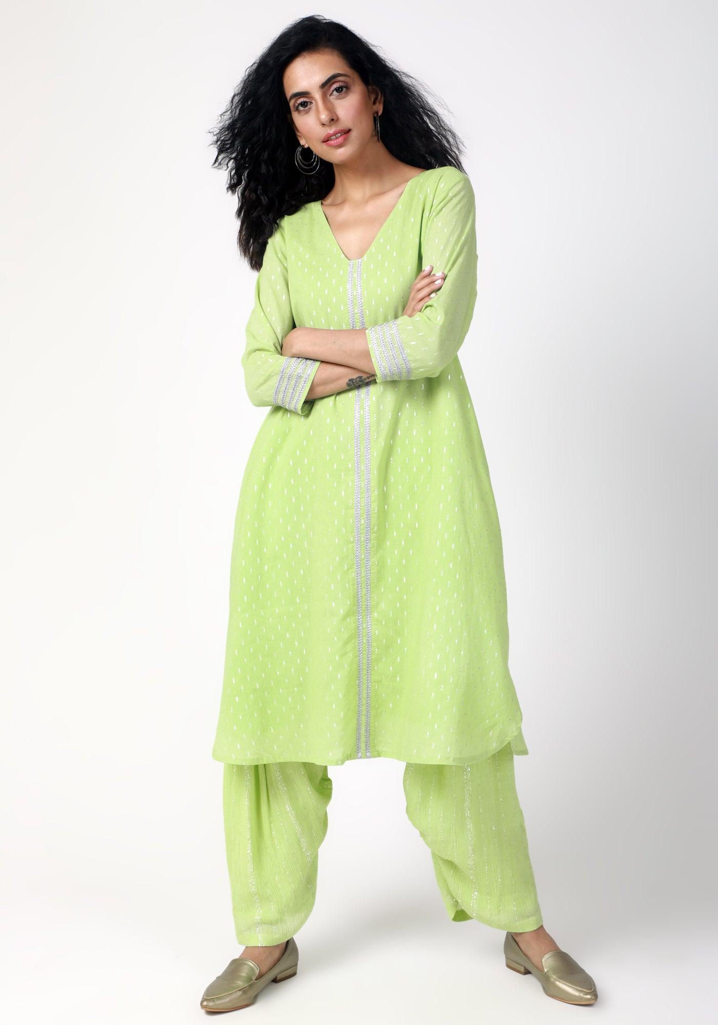 Green Silver Laced Kurta- Ruffled Pant - trueBrowns