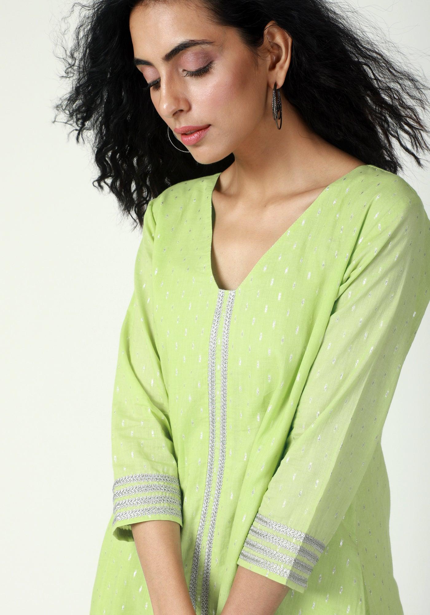 Green Silver Laced Kurta- Ruffled Pant - trueBrowns