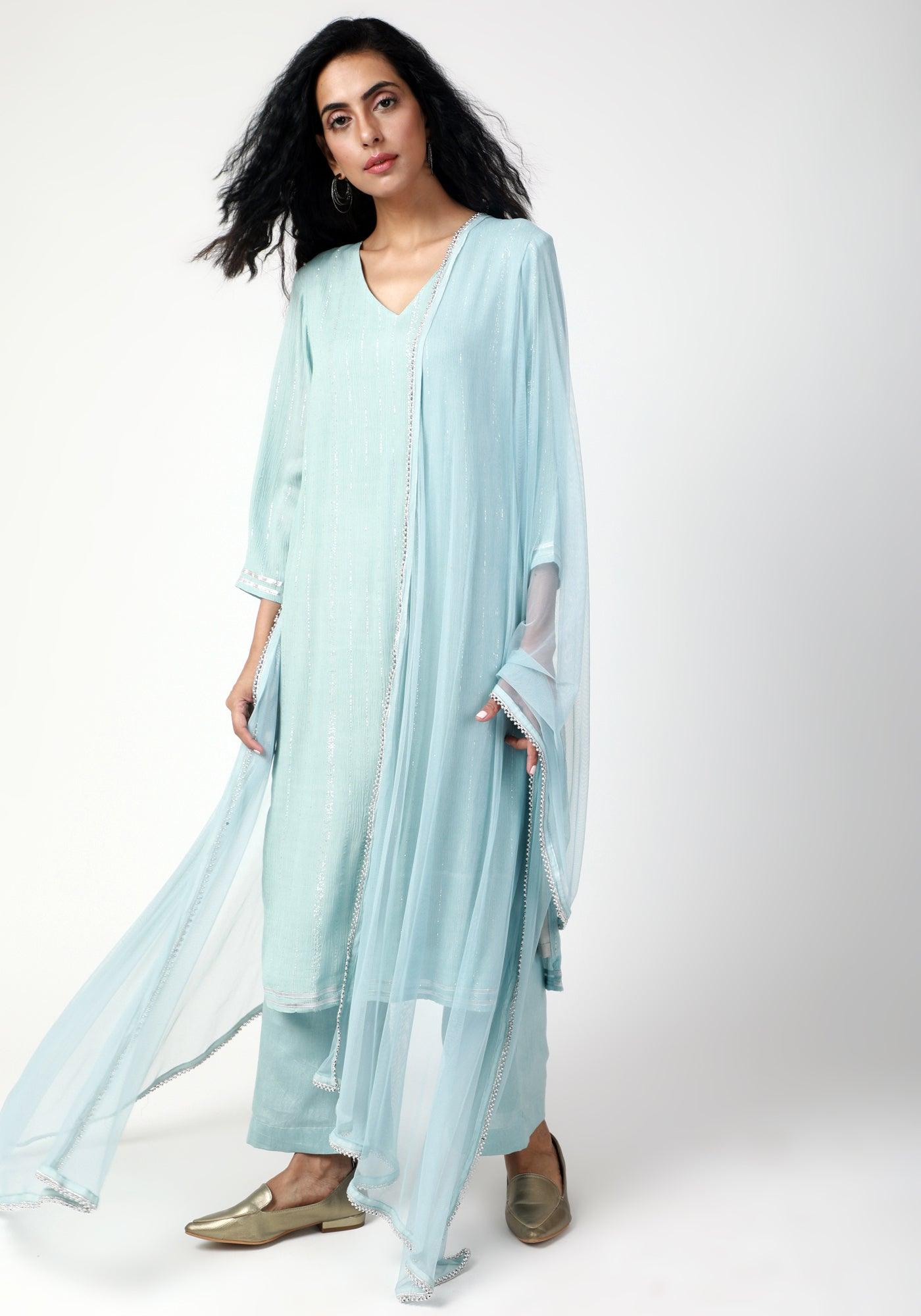 Blue Gota Slit Kurta-Pant-Dupatta - trueBrowns
