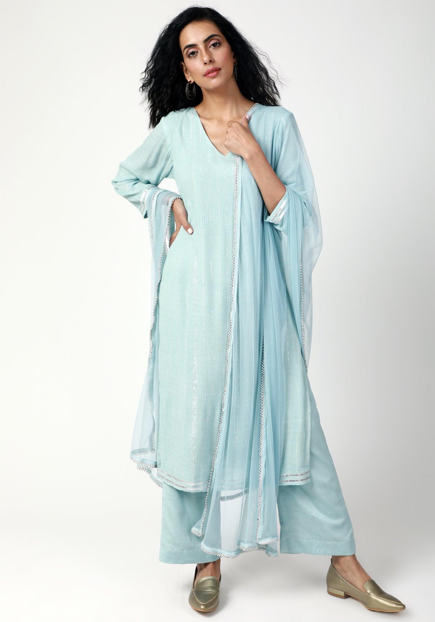 Blue Gota Slit Kurta-Pant-Dupatta - trueBrowns