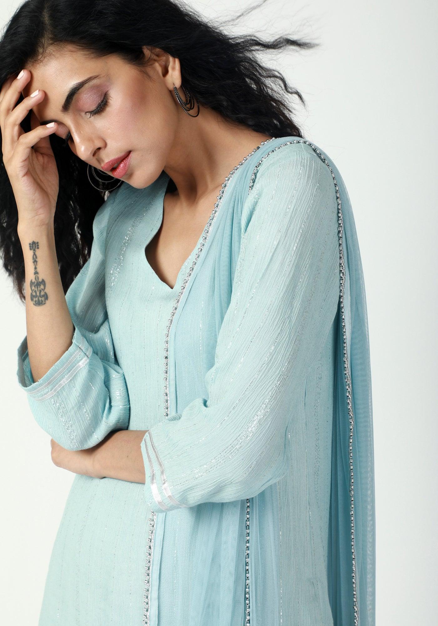 Blue Gota Slit Kurta-Pant-Dupatta - trueBrowns