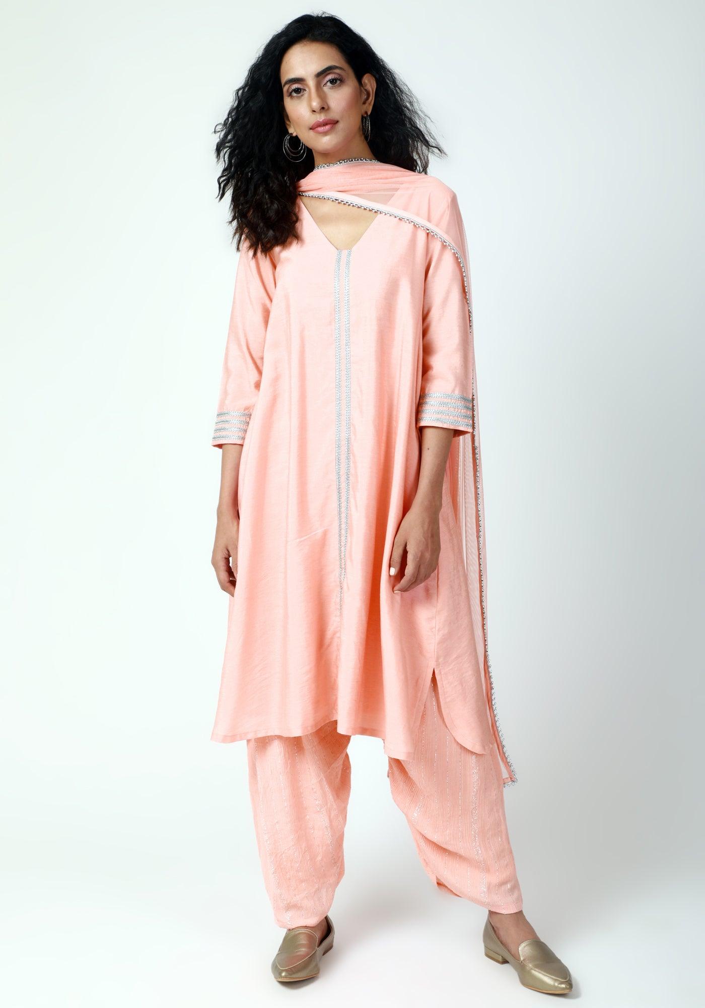 Peach Laced Kurta-Ruffled Pant-Dupatta - trueBrowns