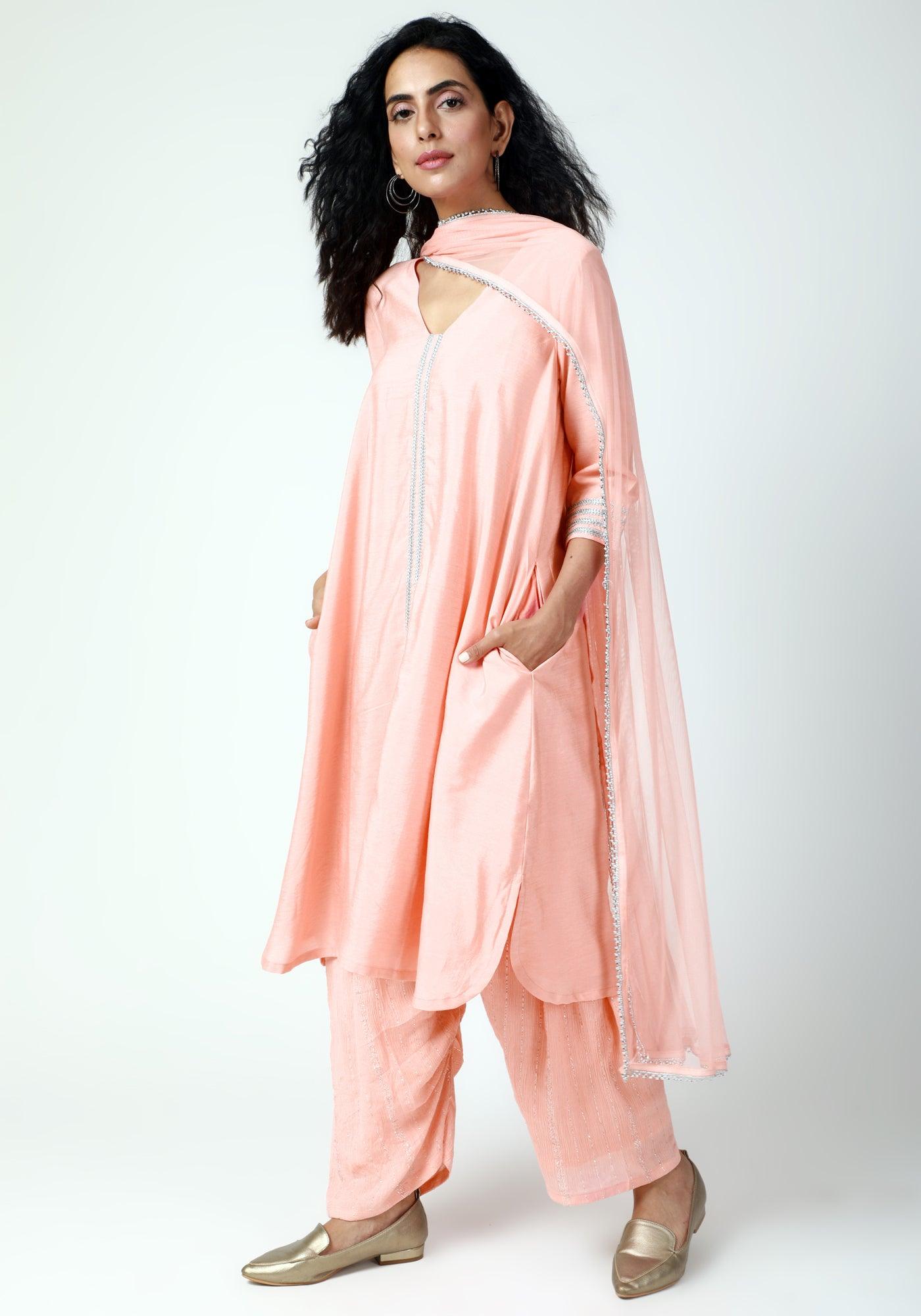Peach Laced Kurta-Ruffled Pant-Dupatta - trueBrowns