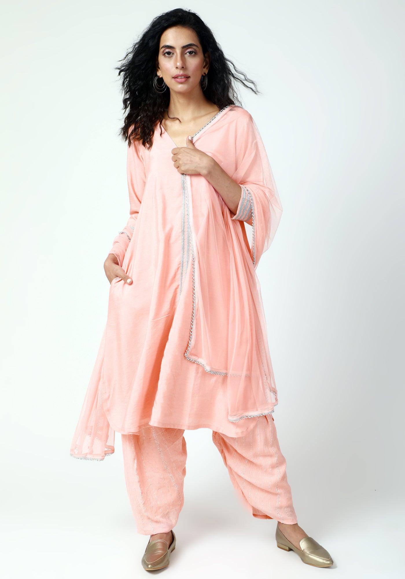 Peach Laced Kurta-Ruffled Pant-Dupatta - trueBrowns