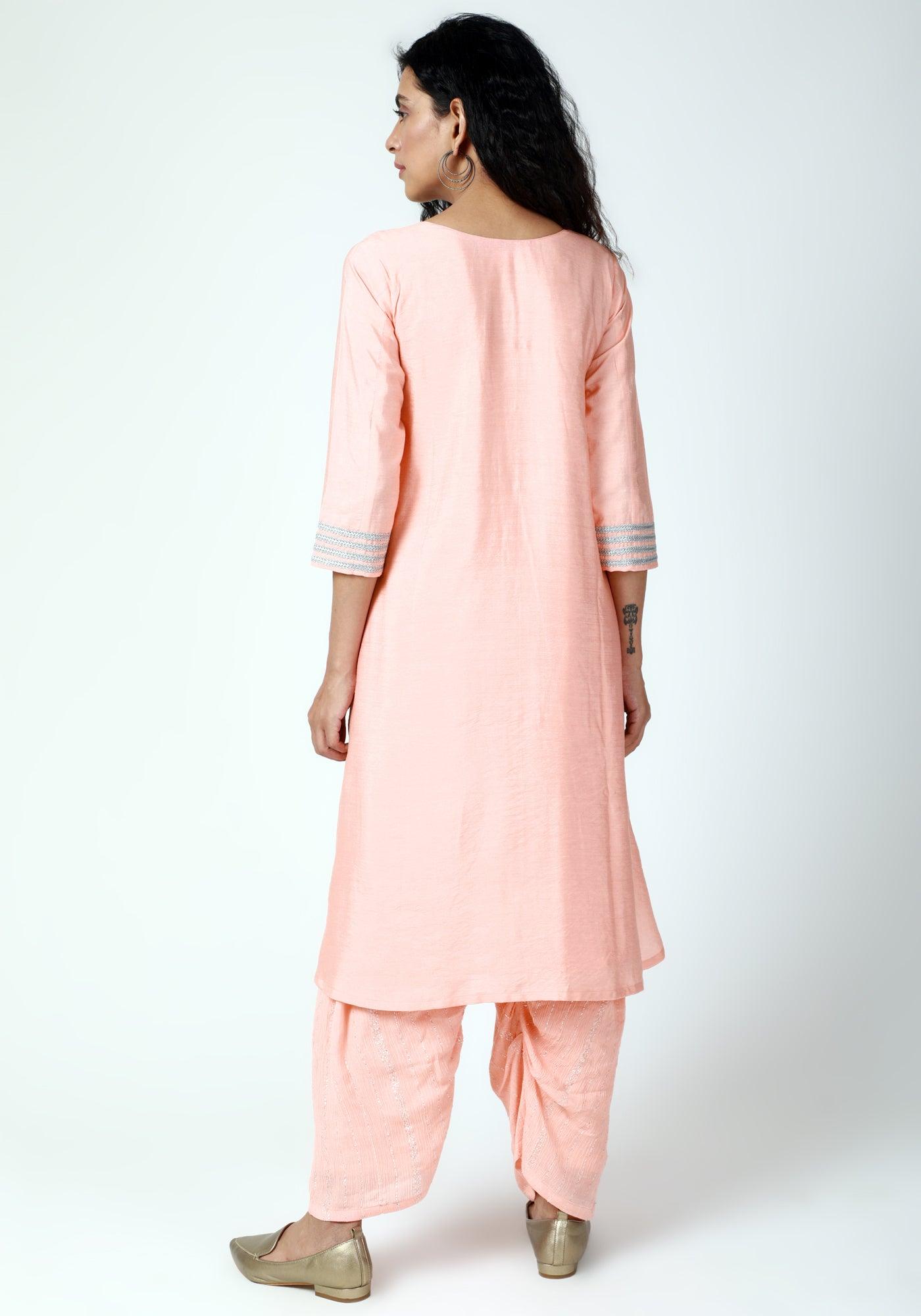 Peach Laced Kurta-Ruffled Pant-Dupatta - trueBrowns