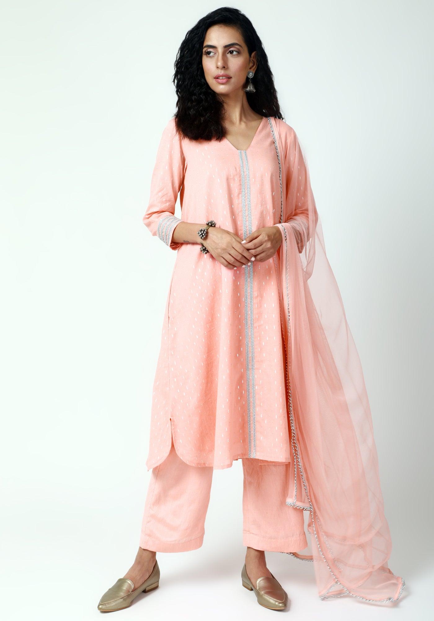 Peach Silver Laced Kurta-Pant-Dupatta - trueBrowns