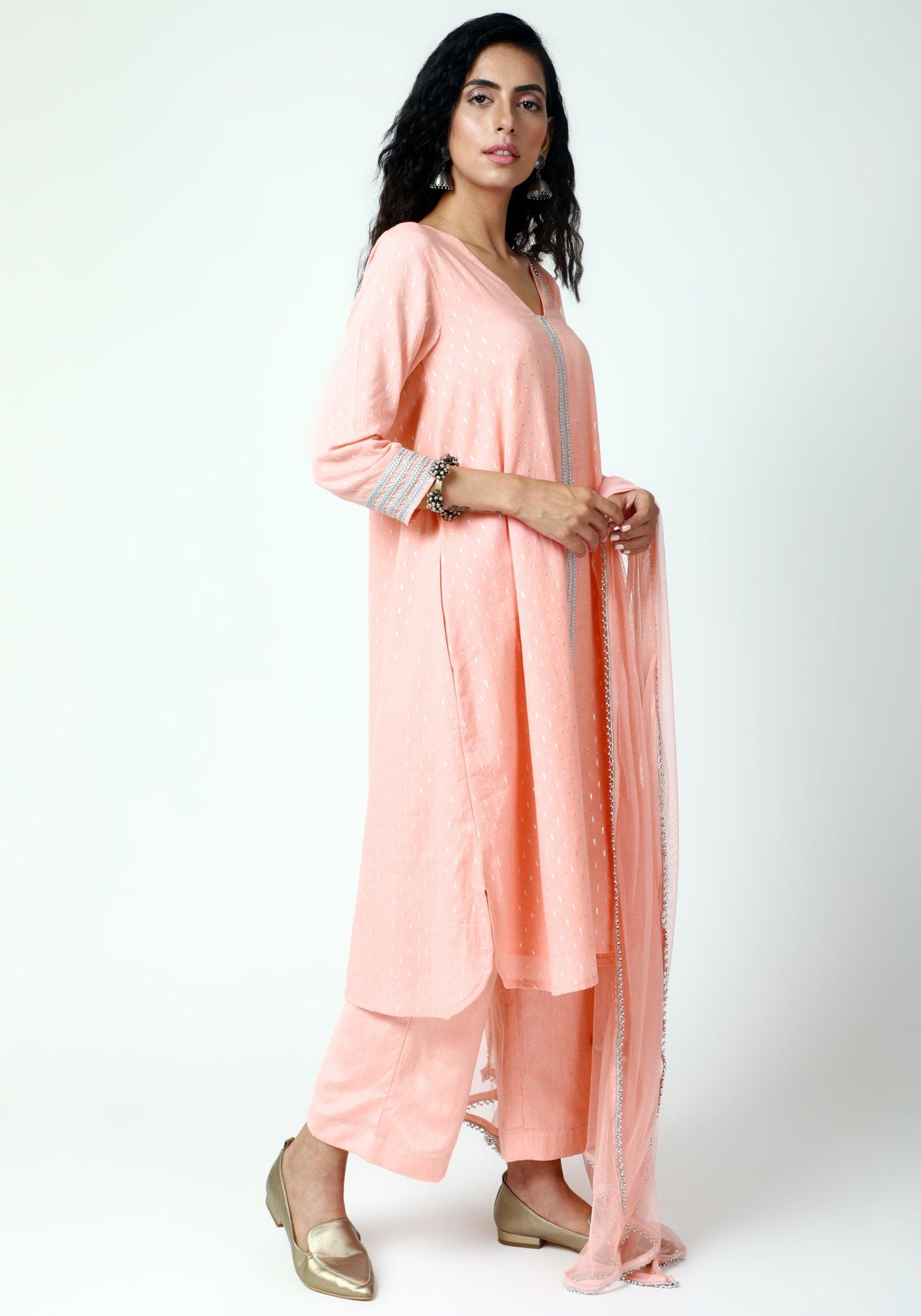 Peach Silver Laced Kurta-Pant-Dupatta - trueBrowns