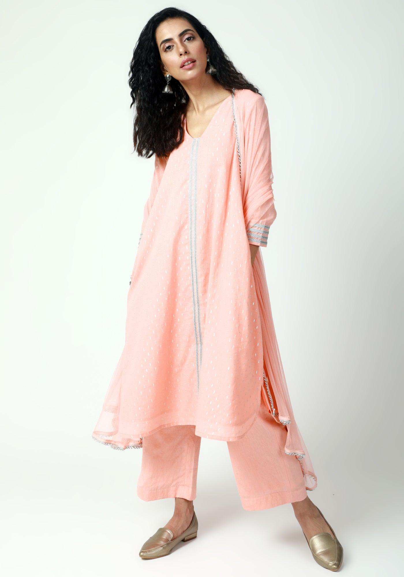 Peach Silver Laced Kurta-Pant-Dupatta - trueBrowns