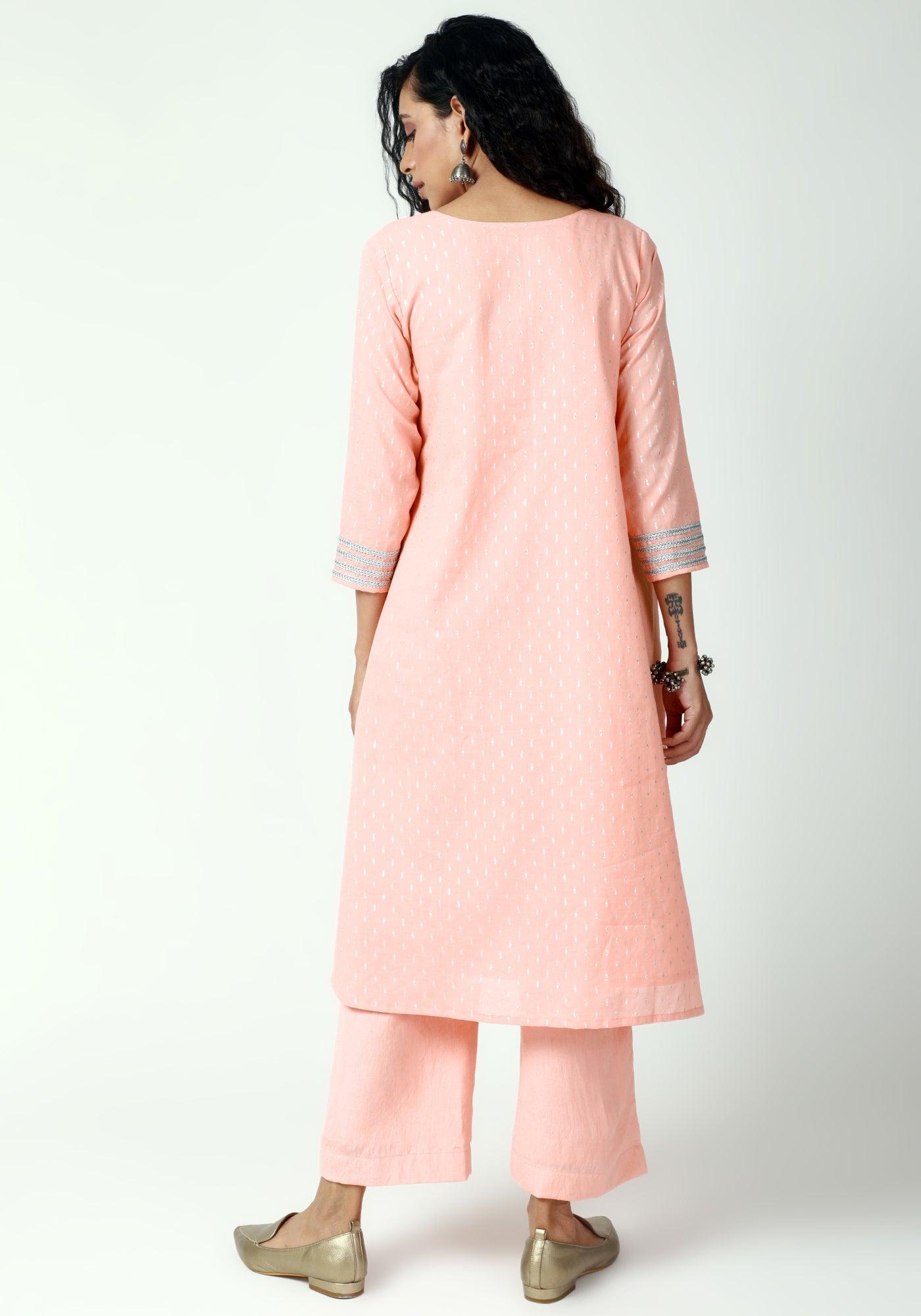 Peach Silver Laced Kurta-Pant-Dupatta - trueBrowns