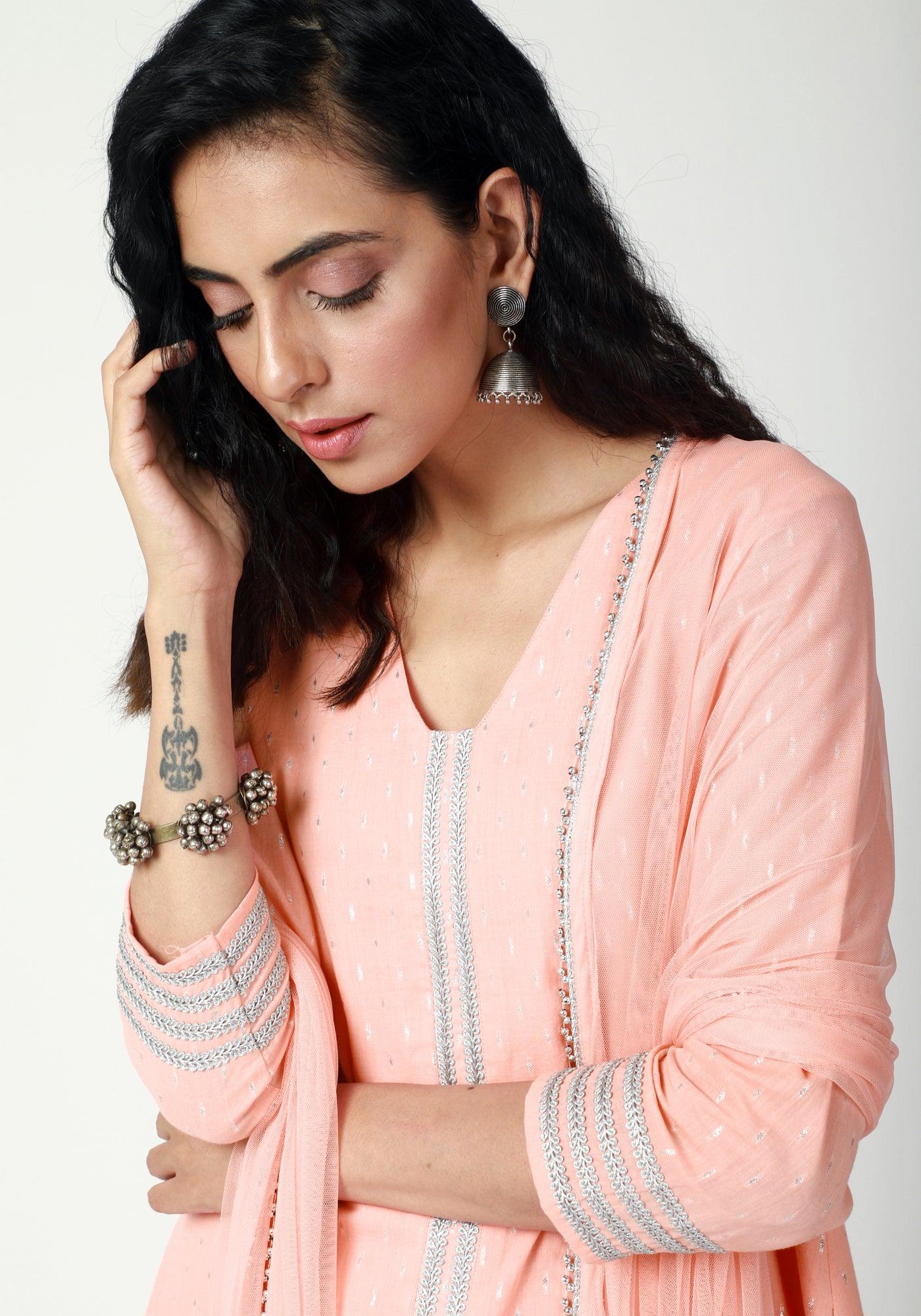 Peach Silver Laced Kurta-Pant-Dupatta - trueBrowns