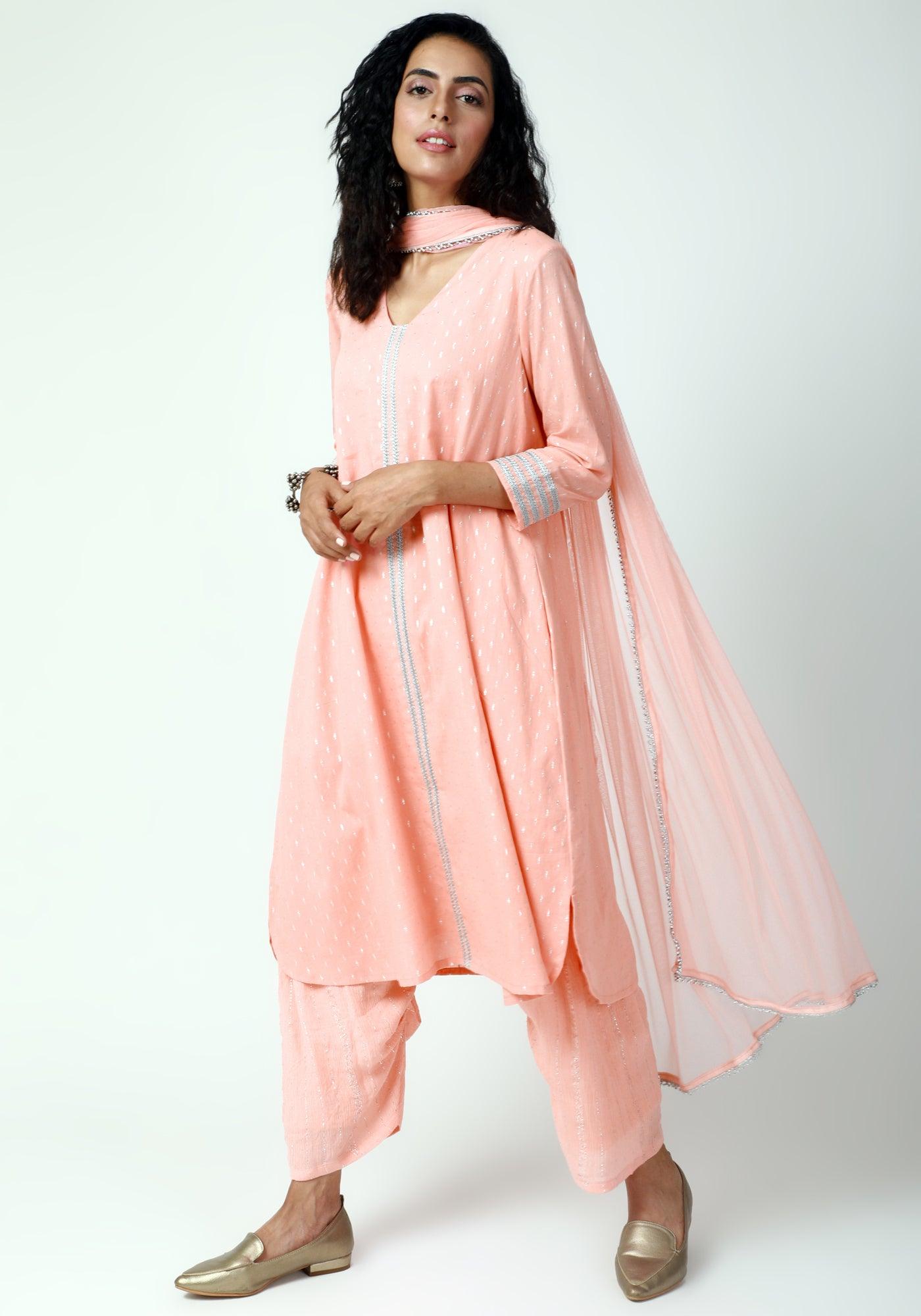 Peach Silver Laced Kurta- Ruffled Pant-Dupatta - trueBrowns