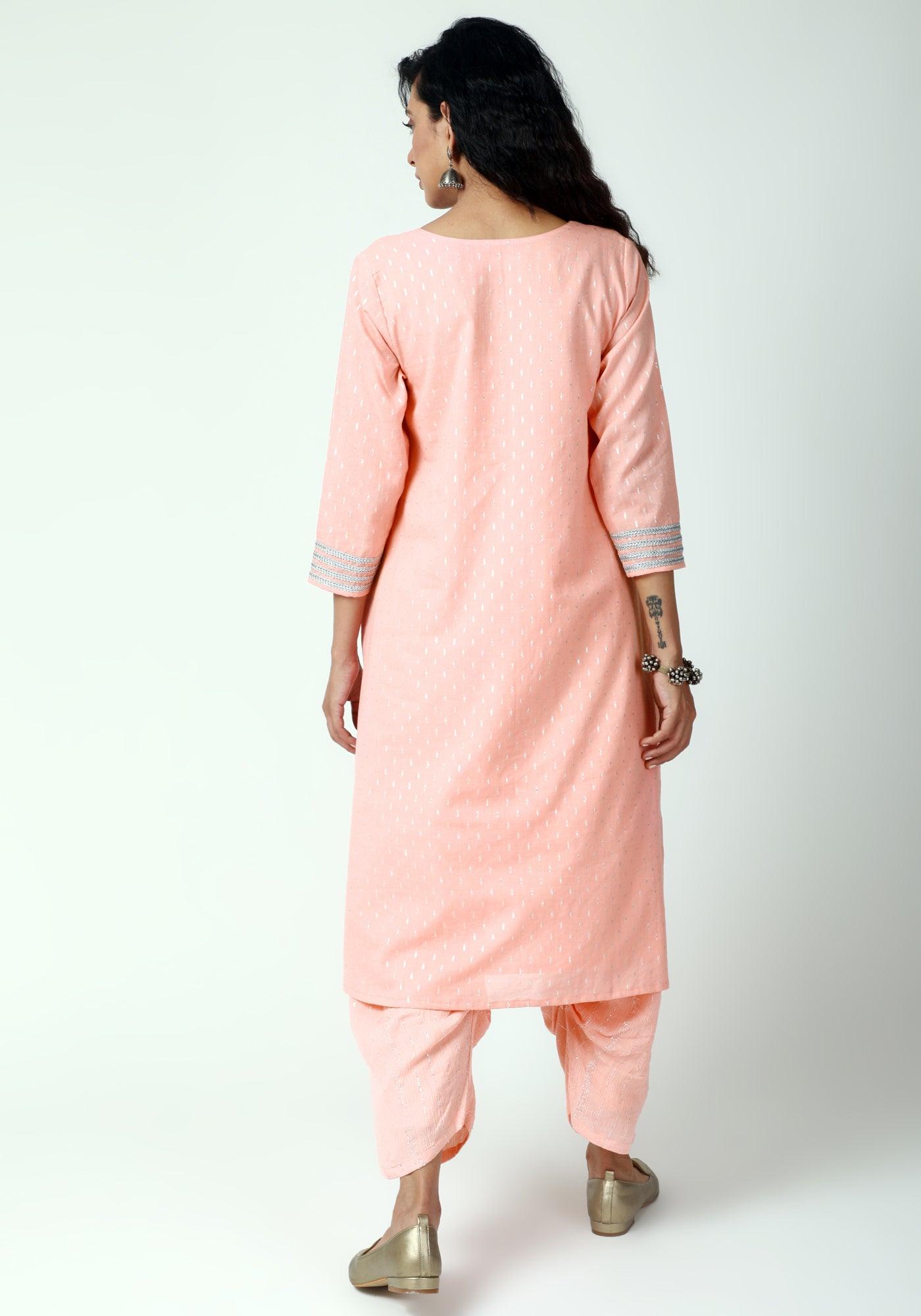 Peach Silver Laced Kurta- Ruffled Pant-Dupatta - trueBrowns