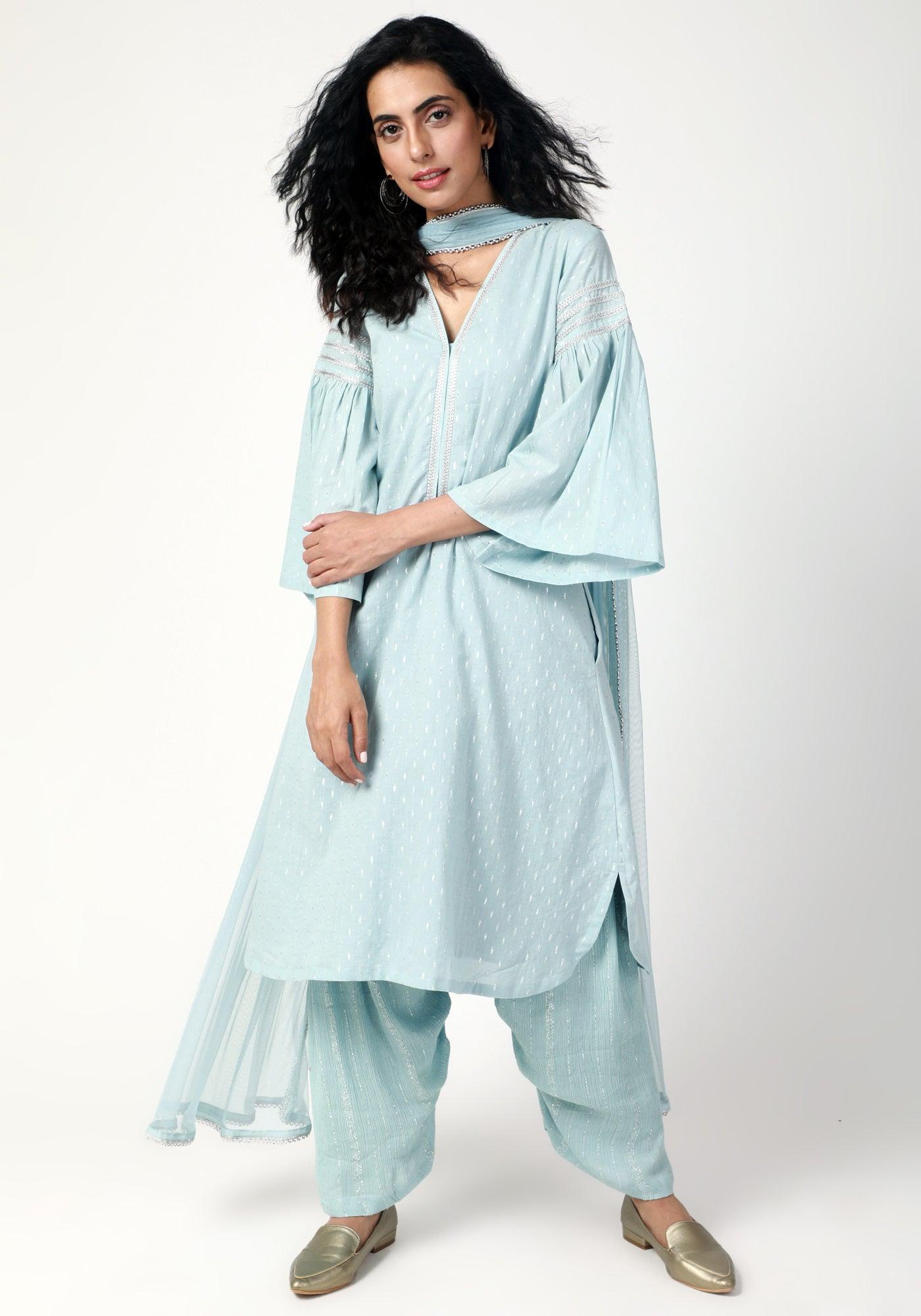 Blue Silver Laced Kurta- Ruffled Pant-Dupatta - trueBrowns