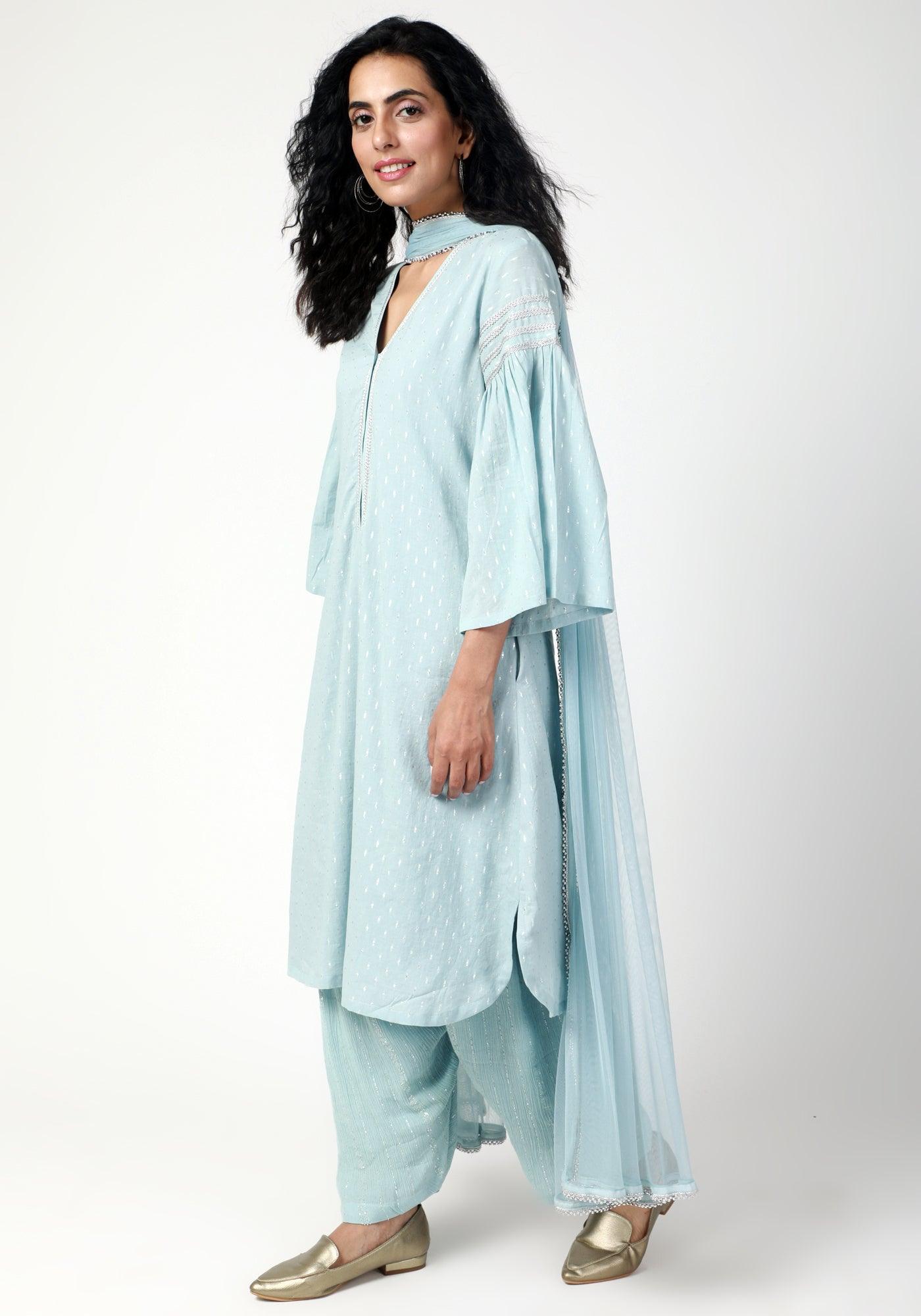 Blue Silver Laced Kurta- Ruffled Pant-Dupatta - trueBrowns