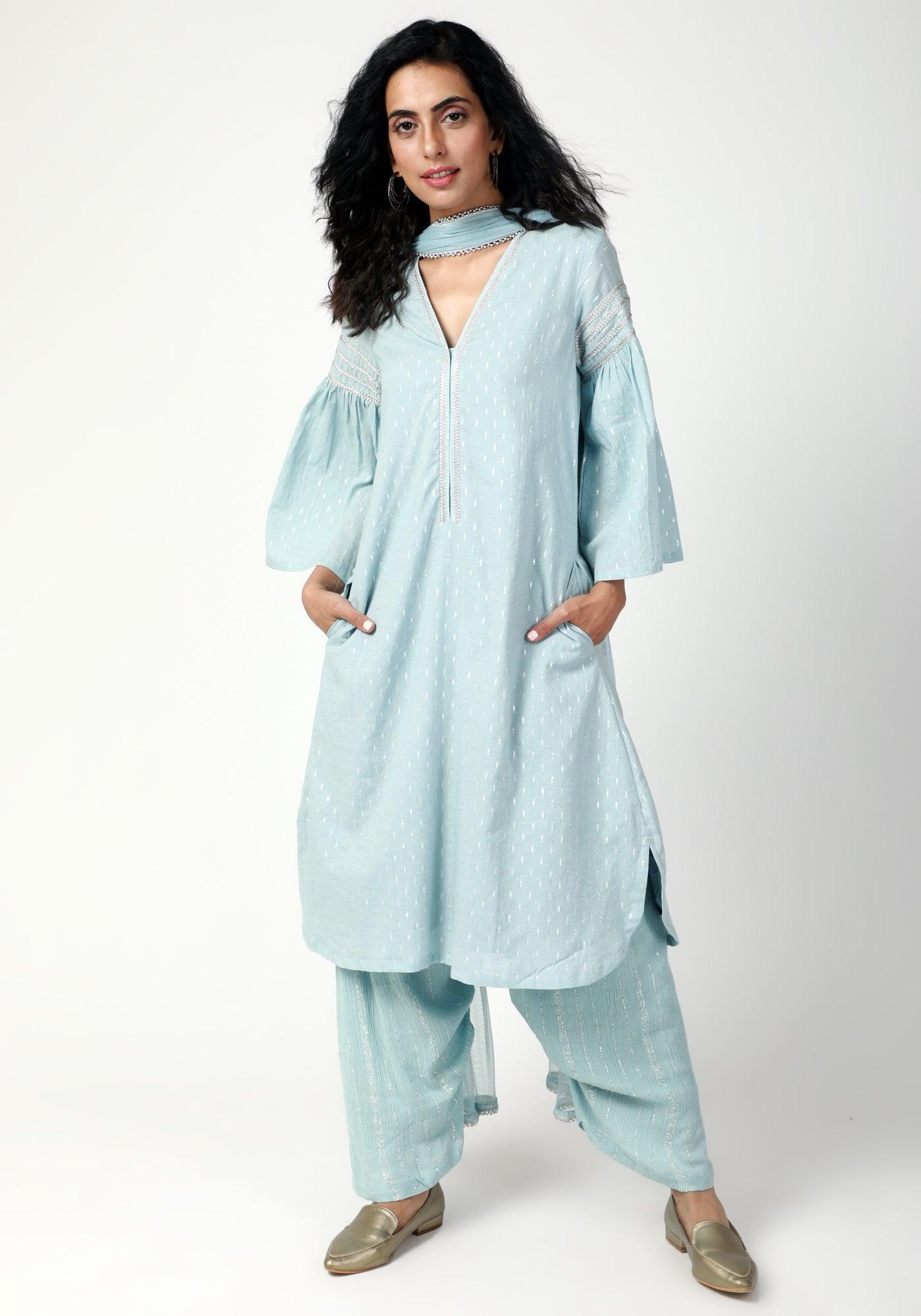 Blue Silver Laced Kurta- Ruffled Pant-Dupatta - trueBrowns
