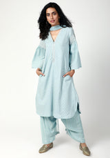 Blue Silver Laced Kurta- Ruffled Pant-Dupatta - trueBrowns
