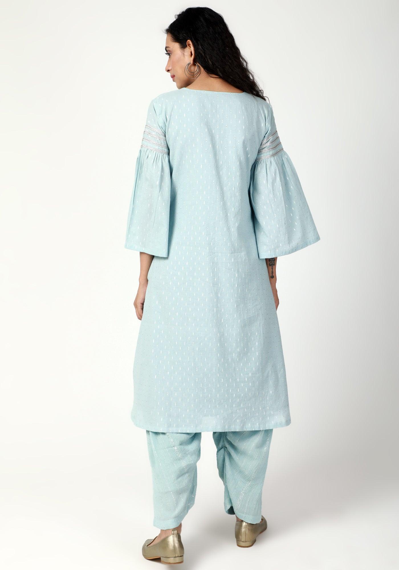 Blue Silver Laced Kurta- Ruffled Pant-Dupatta - trueBrowns