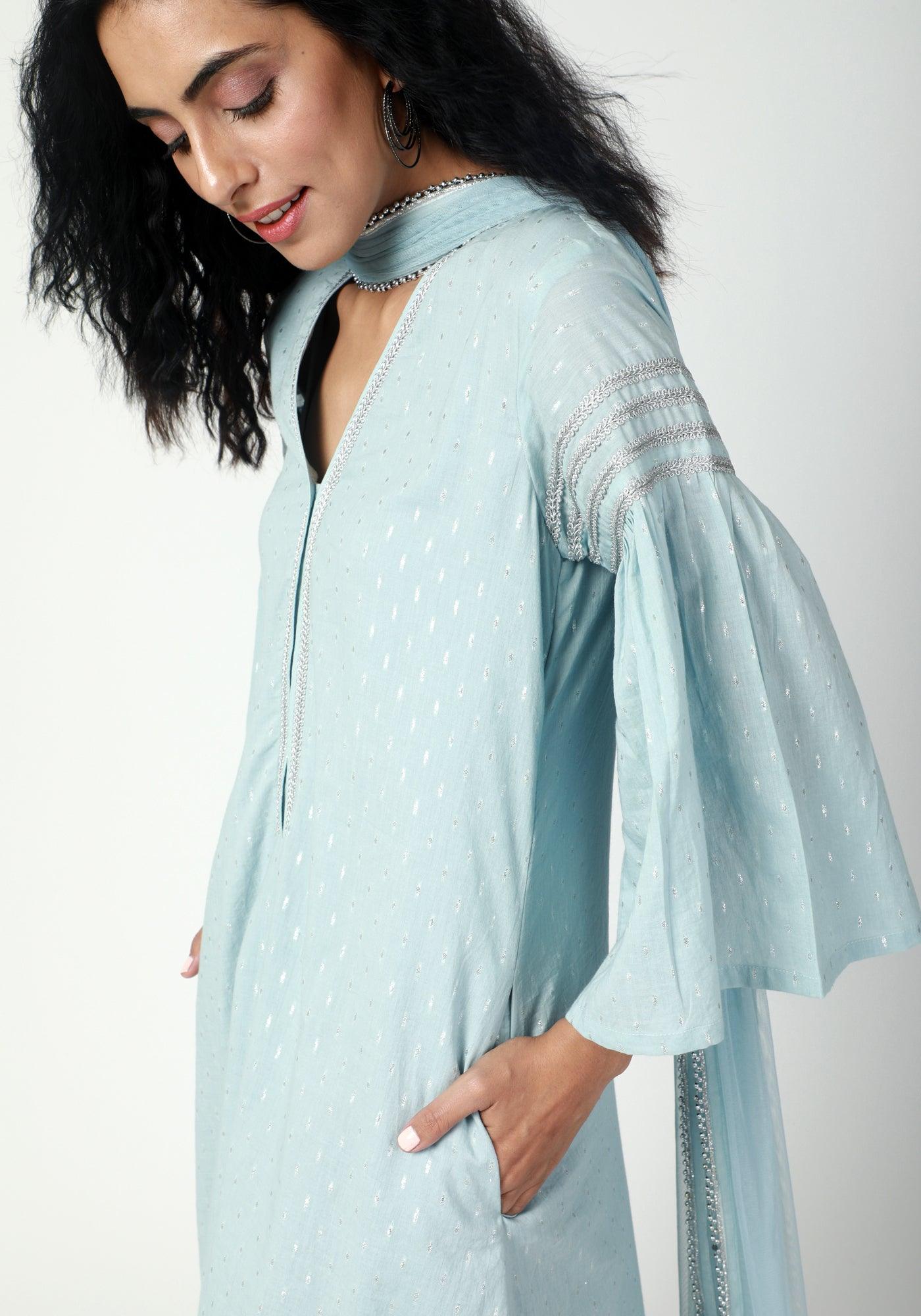 Blue Silver Laced Kurta- Ruffled Pant-Dupatta - trueBrowns