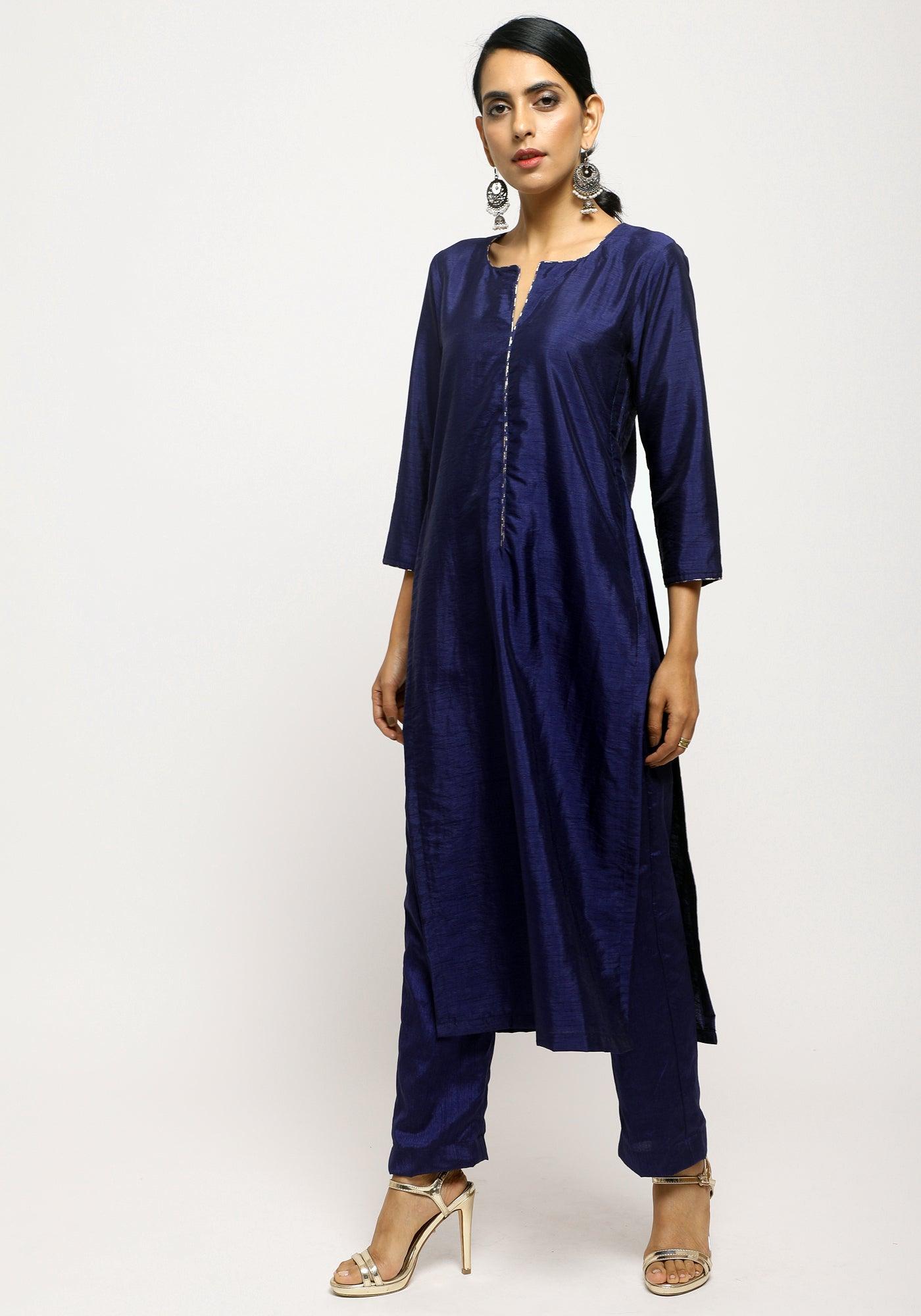 Blue Foil High Slit Kurta - trueBrowns