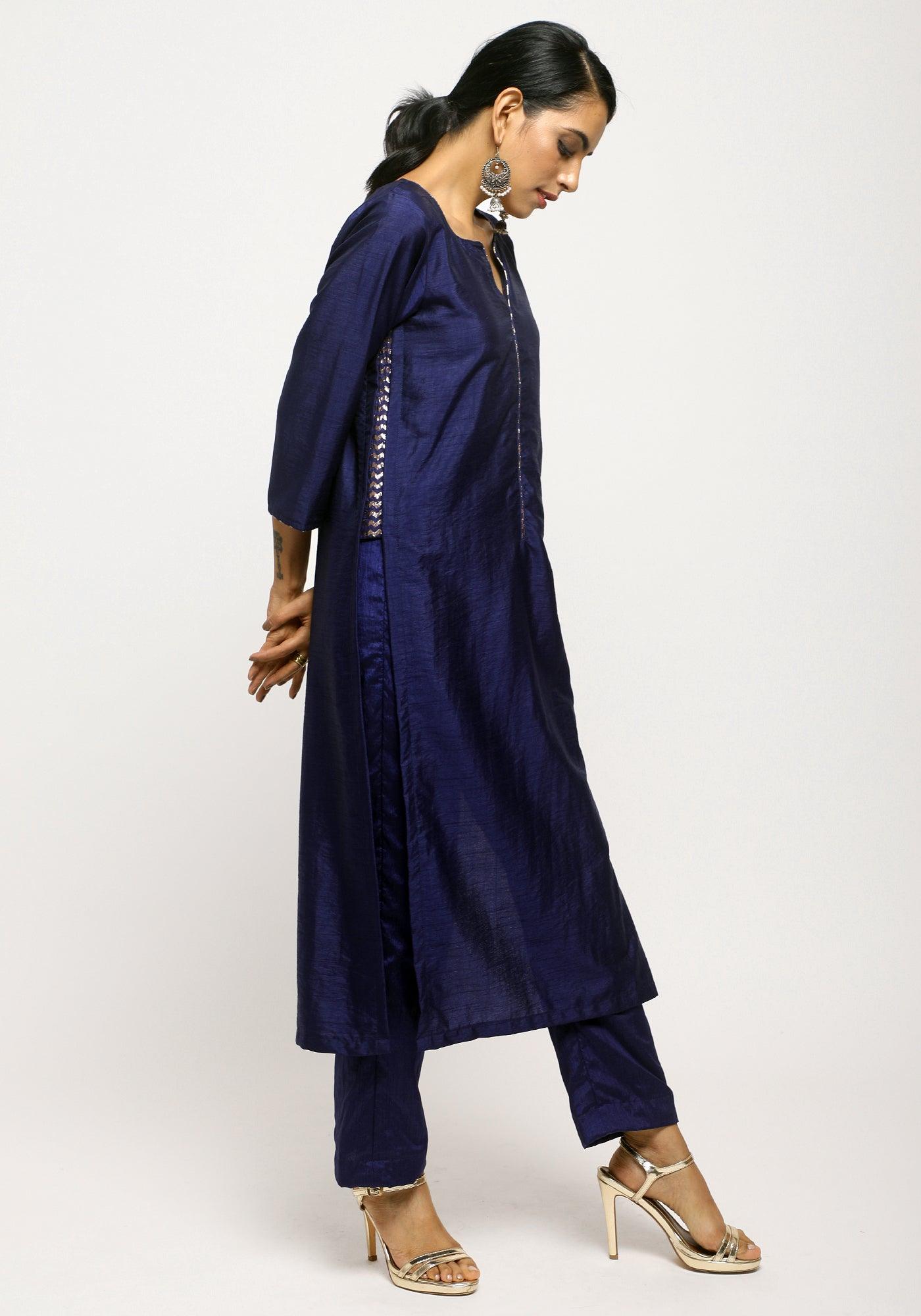 Blue Foil High Slit Kurta - trueBrowns