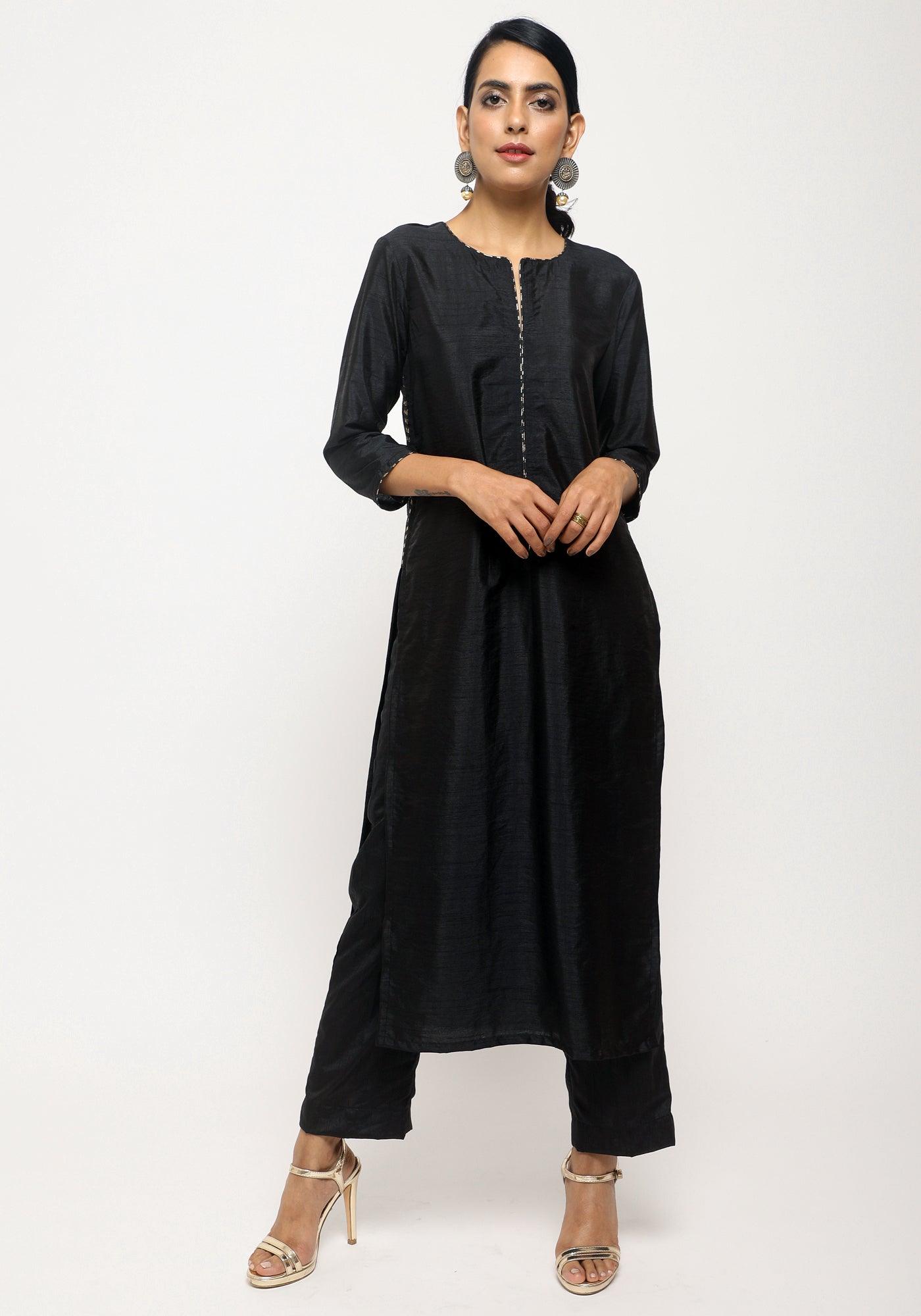 Black Foil High Slit Kurta - trueBrowns