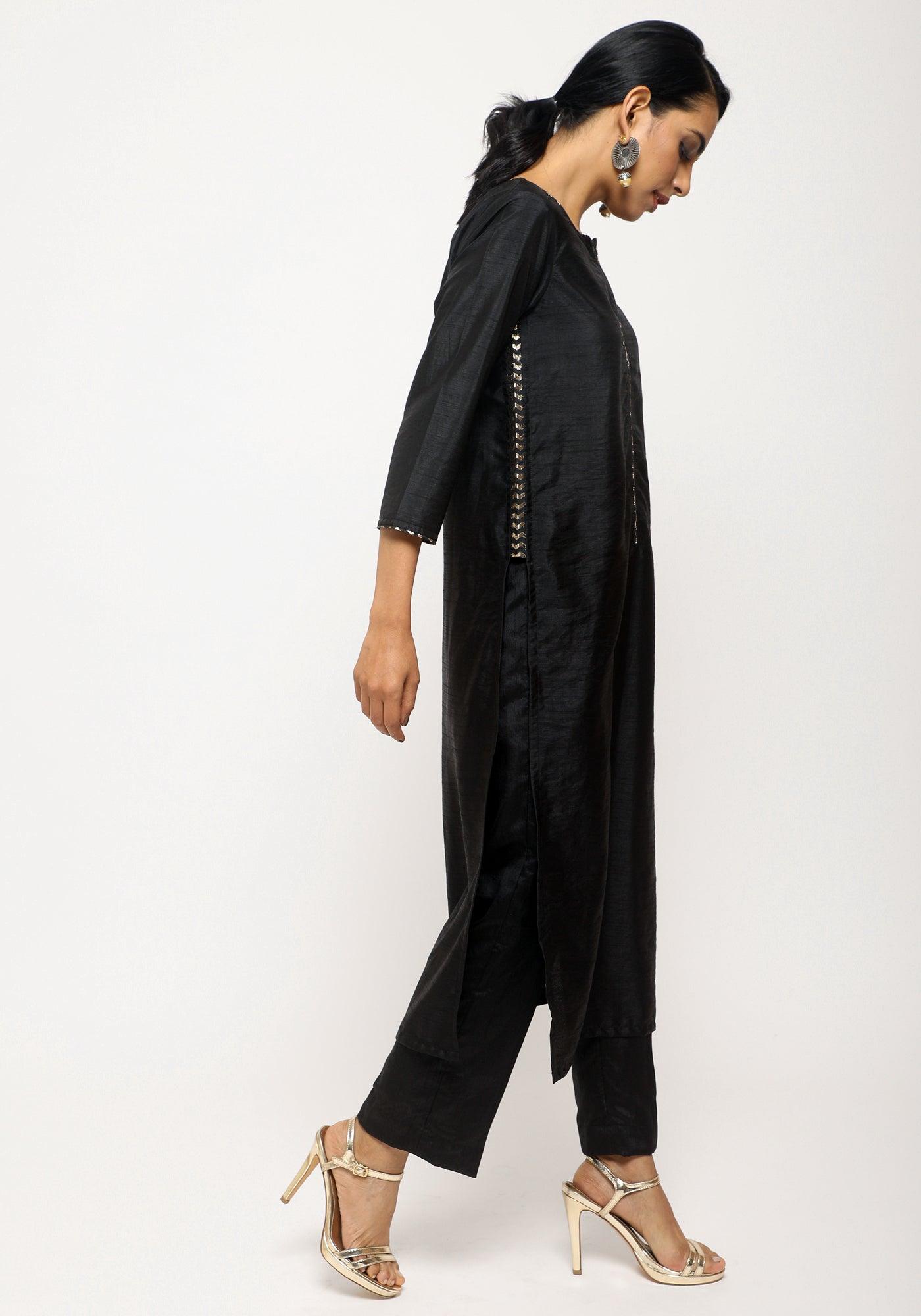 Black Foil High Slit Kurta - trueBrowns