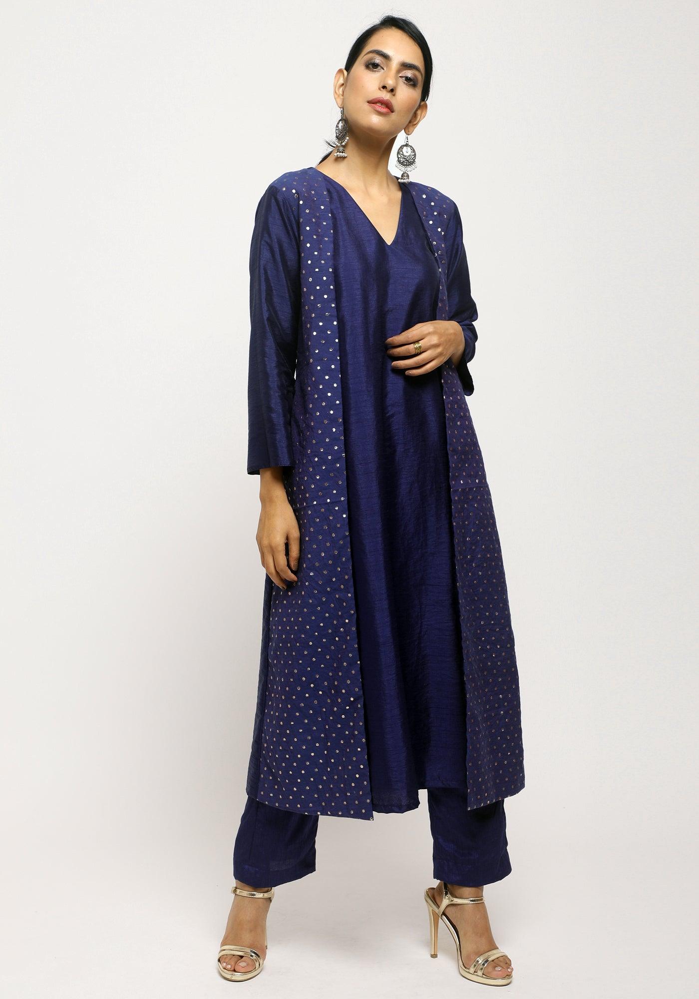 Blue Foil Jacket Kurta Set - trueBrowns