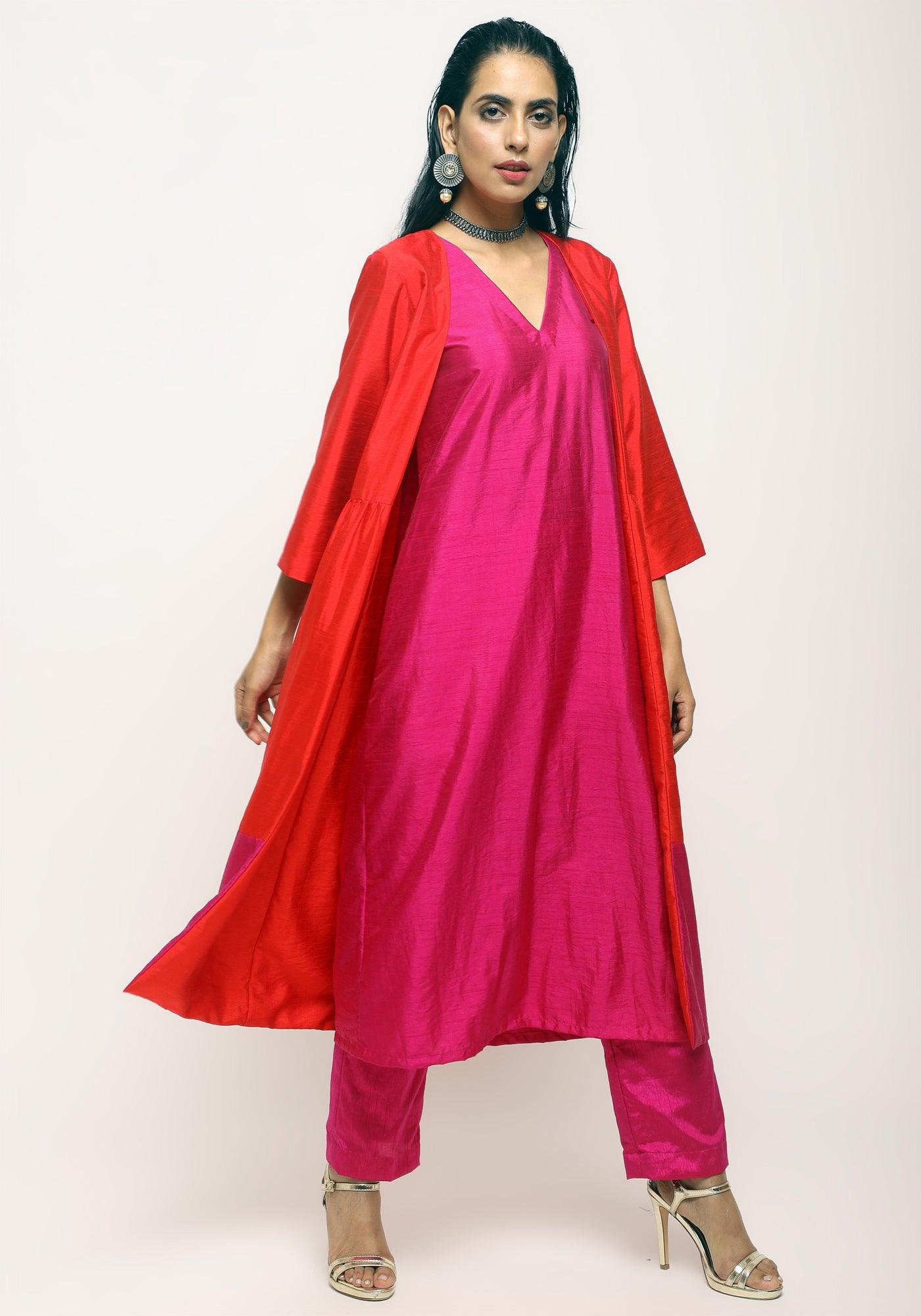 Orange Pink Jacket Kurta Set - trueBrowns