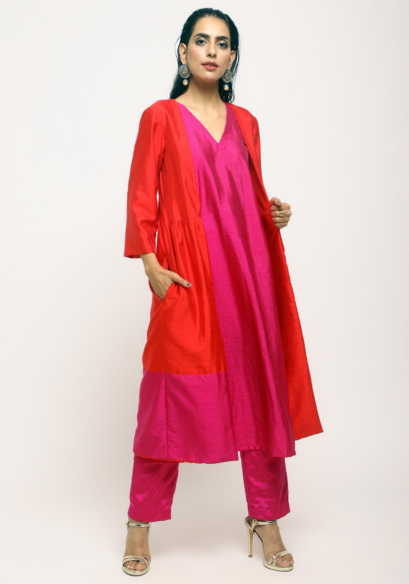 Orange Pink Jacket Kurta Set - trueBrowns