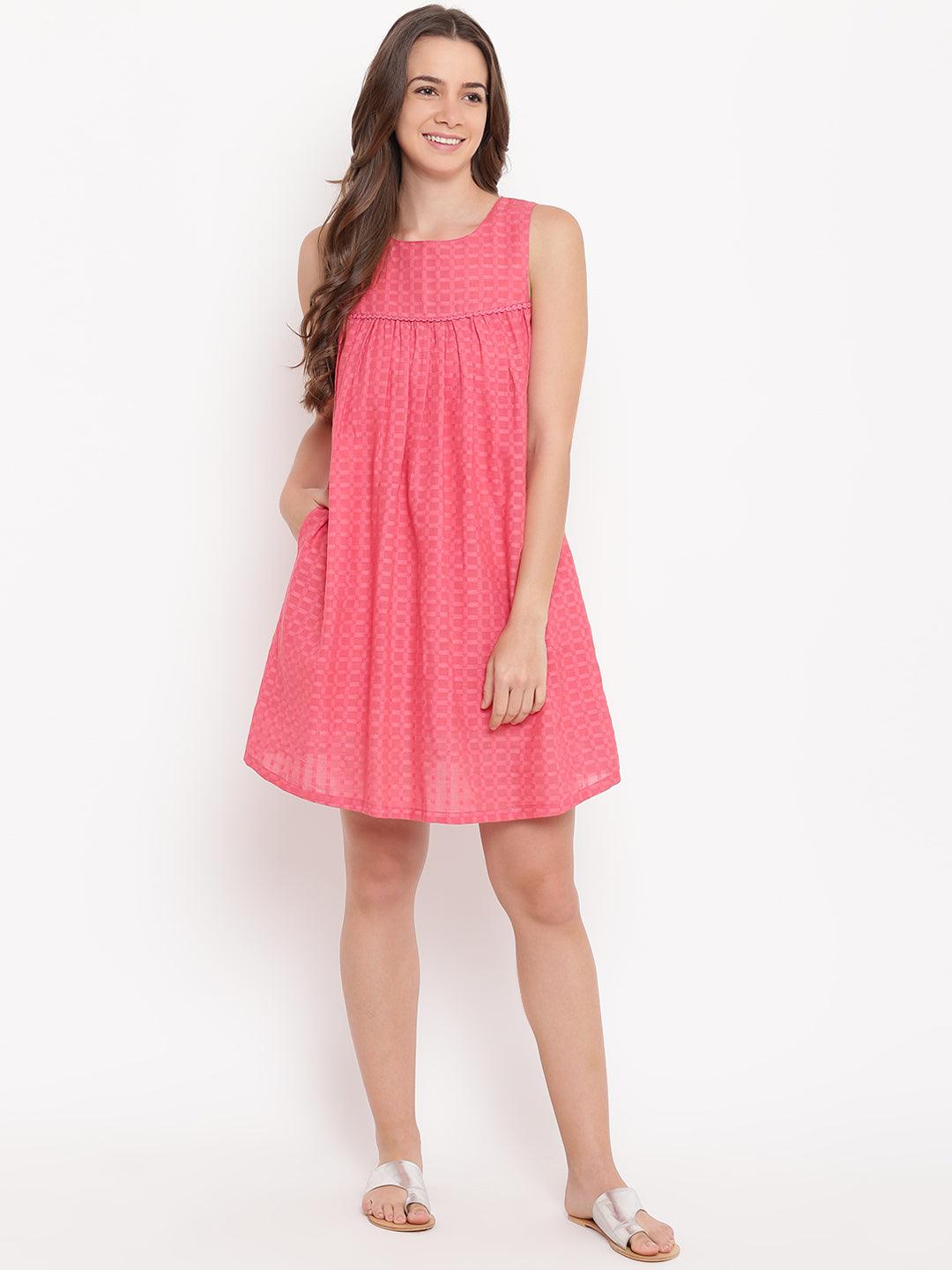 Pink Grid Gathered Dress - trueBrowns