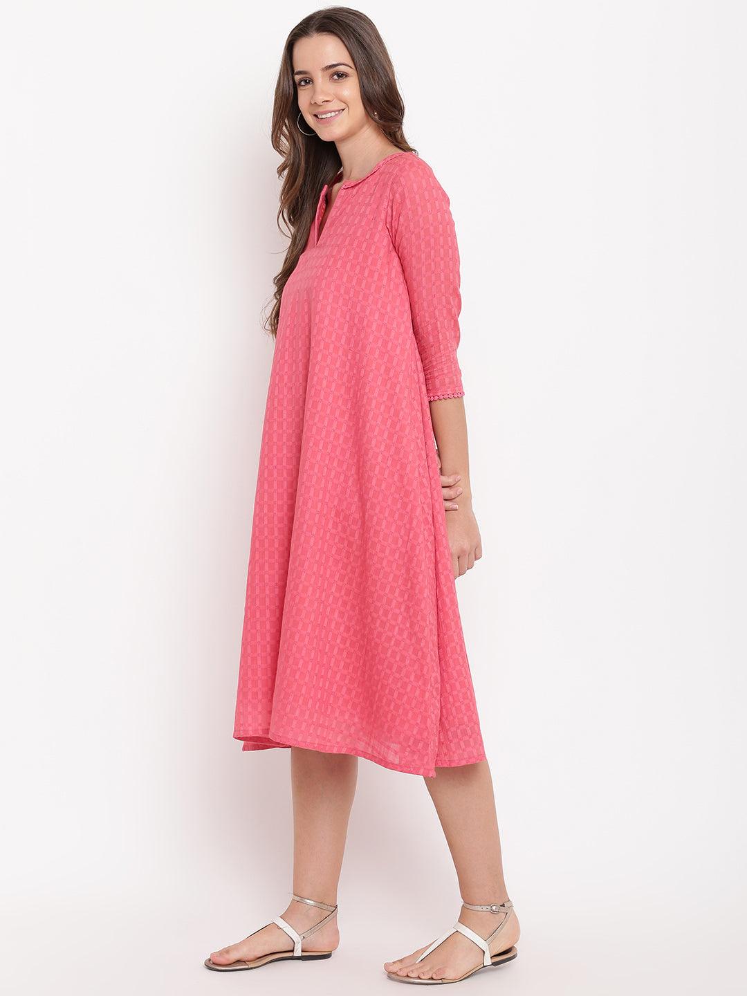 Brick Pink Dobby Grid Flared Dress - trueBrowns